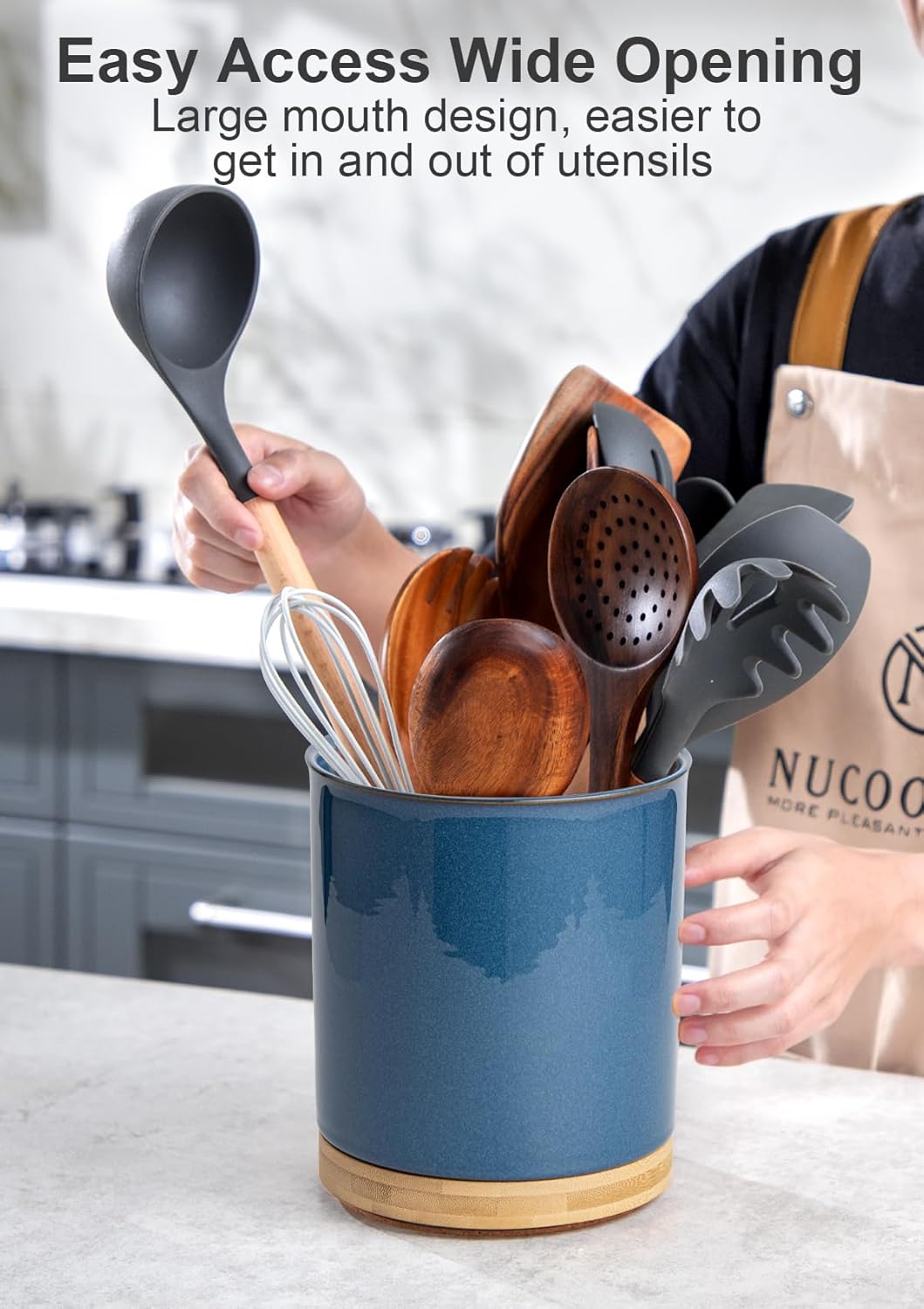 Nucookery 360°Rotating Utensil Holder, 7.2" Kitchen Utensil Crock, Ceramic Cooking Utensil Organizer with Countertop-Protection Cork Bottom for Farmhouse Kitchen Decor Christmas (Royal blue)