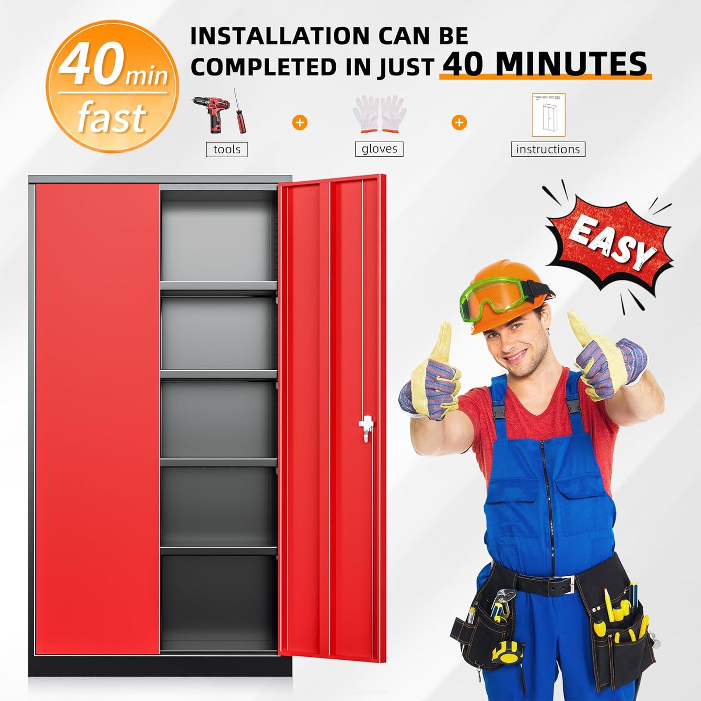 INTERGREAT Metal Storage Cabinets 72” Black Red Garage Steel Storage Cabinet with Doors and Shelves, Steel File Cabinet for Home Office, Basement, Warehouse, Classroom（Anti Tipping）