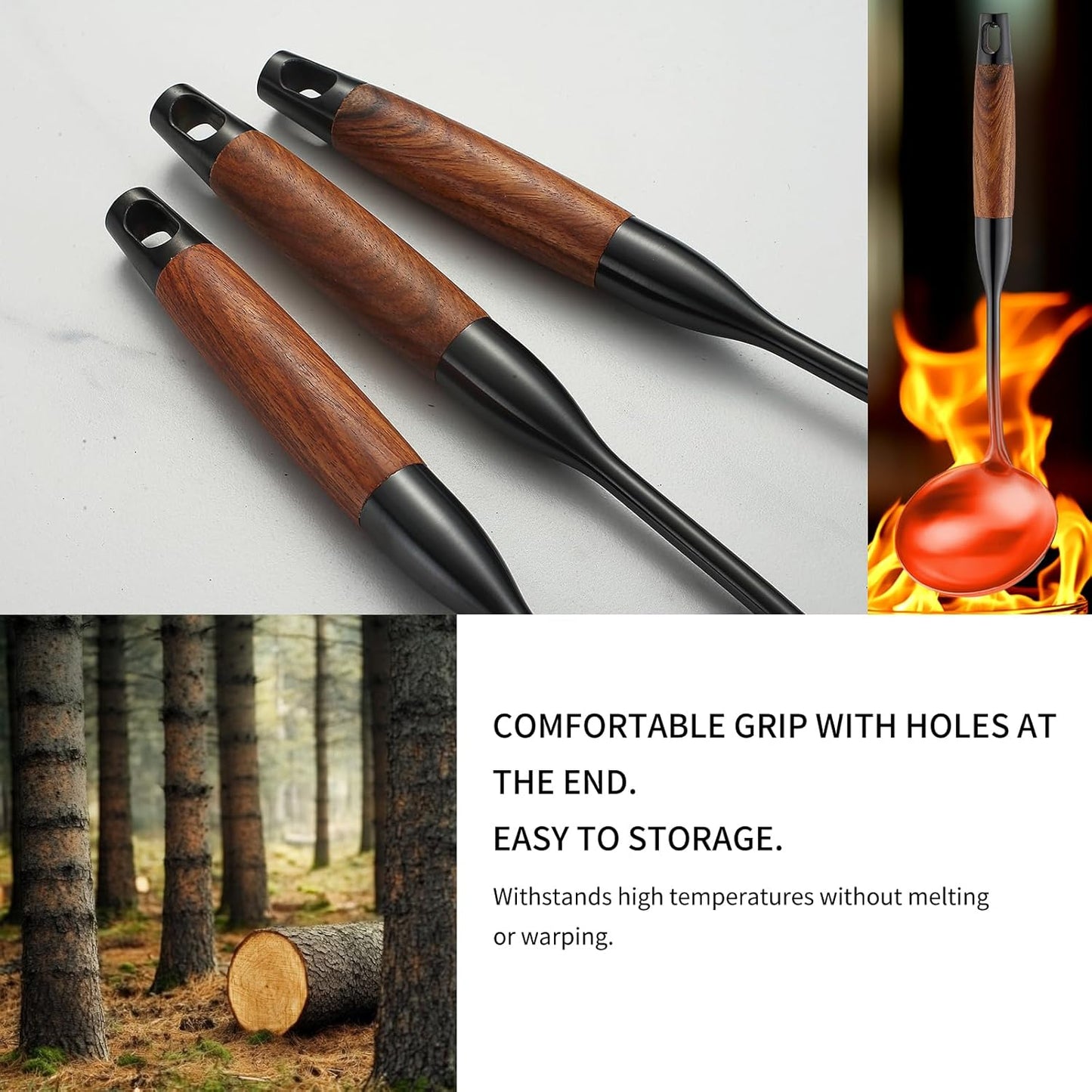 Stainless Steel Kitchen Utensils Set with Wood Handle, 18/10 Metal Cooking Utensils Set, 10-Piece - Spatula, Spoon, Ladle, Skimmer, Slotted Turners, Pasta Server, Fork, Masher(Dishwasher Safe)