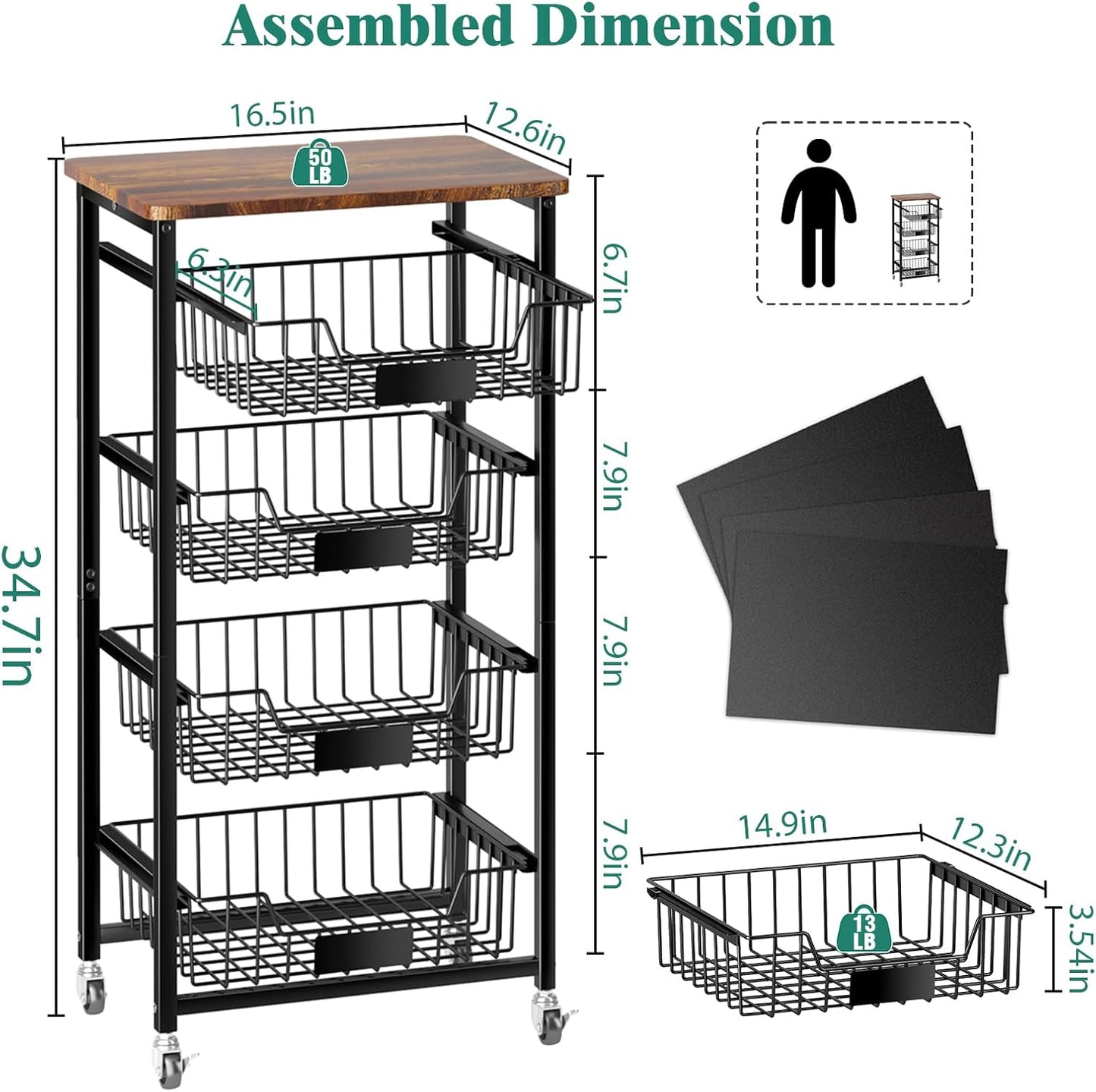 5-Tier Vegetable Fruit Basket Kitchen Storage Rolling Cart on Wheels with Pull-Out Baskets and Wood Top for Kitchen Diningroom Pantry