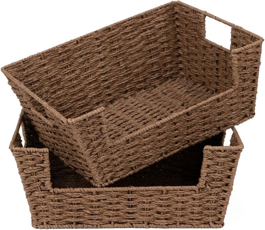 StorageWorks Round Paper Rope Woven Basket for Pantry Organizers and Storage, Stackable Pantry Storage Baskets for Shelves, Brown, 2-Pack