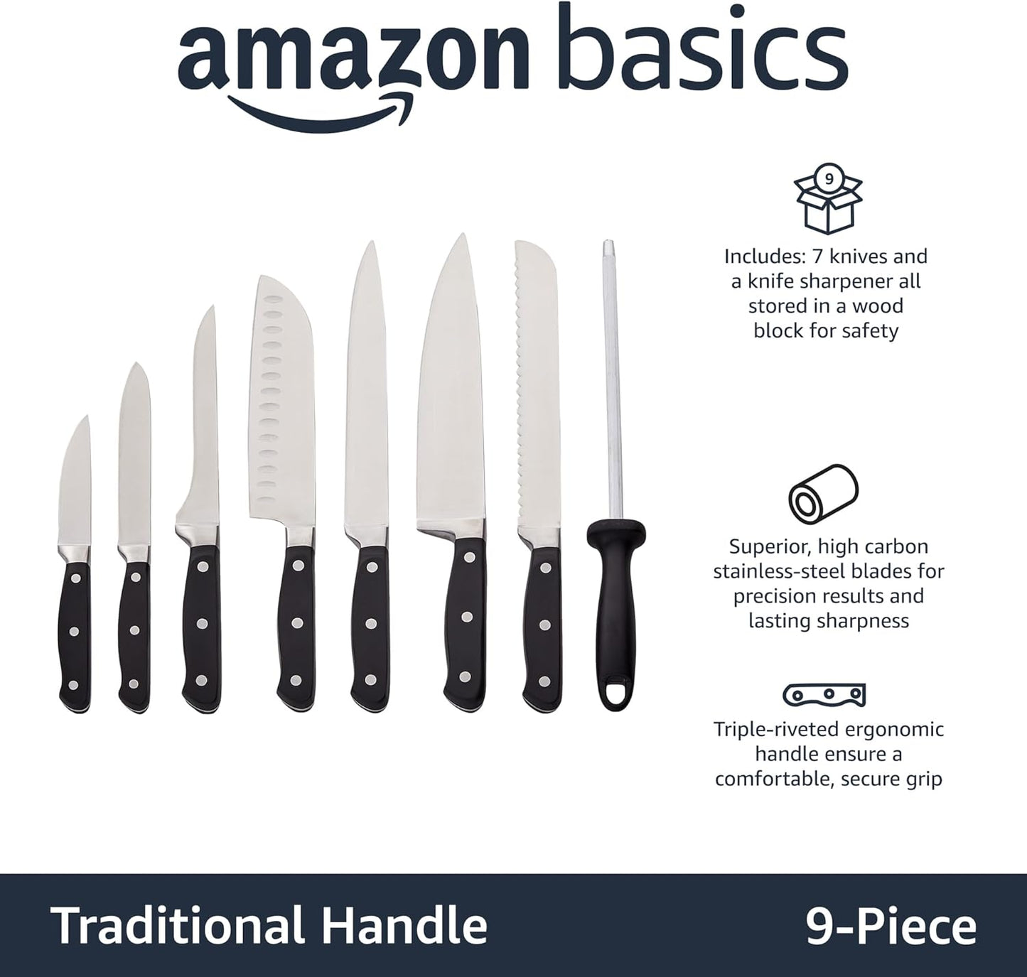 Amazon Basics 9 Pieces Premium High-Carbon Stainless-Steel Blades with Pine Wood Knife Block Set, Kitchen, Black