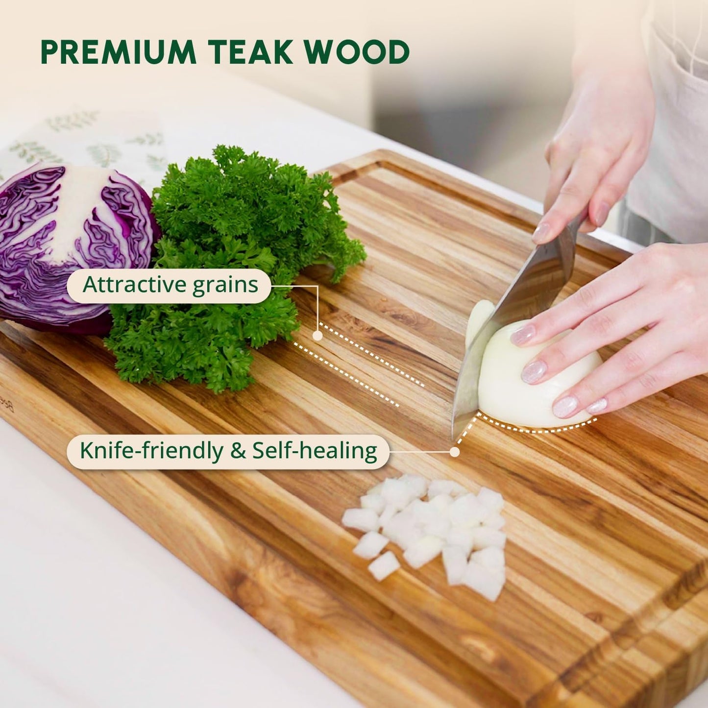BEEFURNI Teak Wood Cutting Board with Juice Groove Hand Grip (M, 20x15x1.25"), Wooden Cutting Board for Kitchen, Butcher Block, Charcuterie Boards, Christmas Gifts, 1-year Manufacturer Warranty