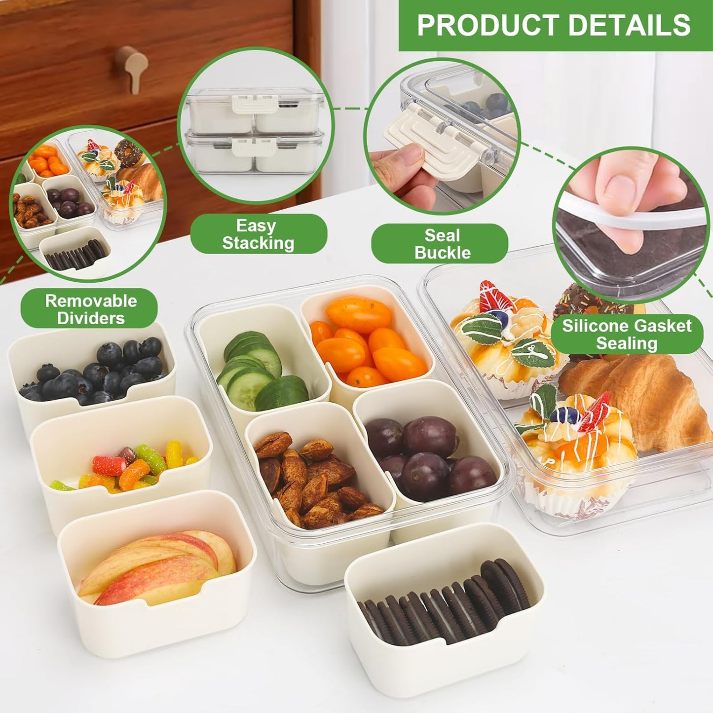 4 Compartment Snack Box Container Tray, Divided Serving Tray with Lid, Mini Small Snackle Box, Portable Charcuterie Container for Party, Picnic, Travel, Food Platter for Snack, Fruits, Veggies