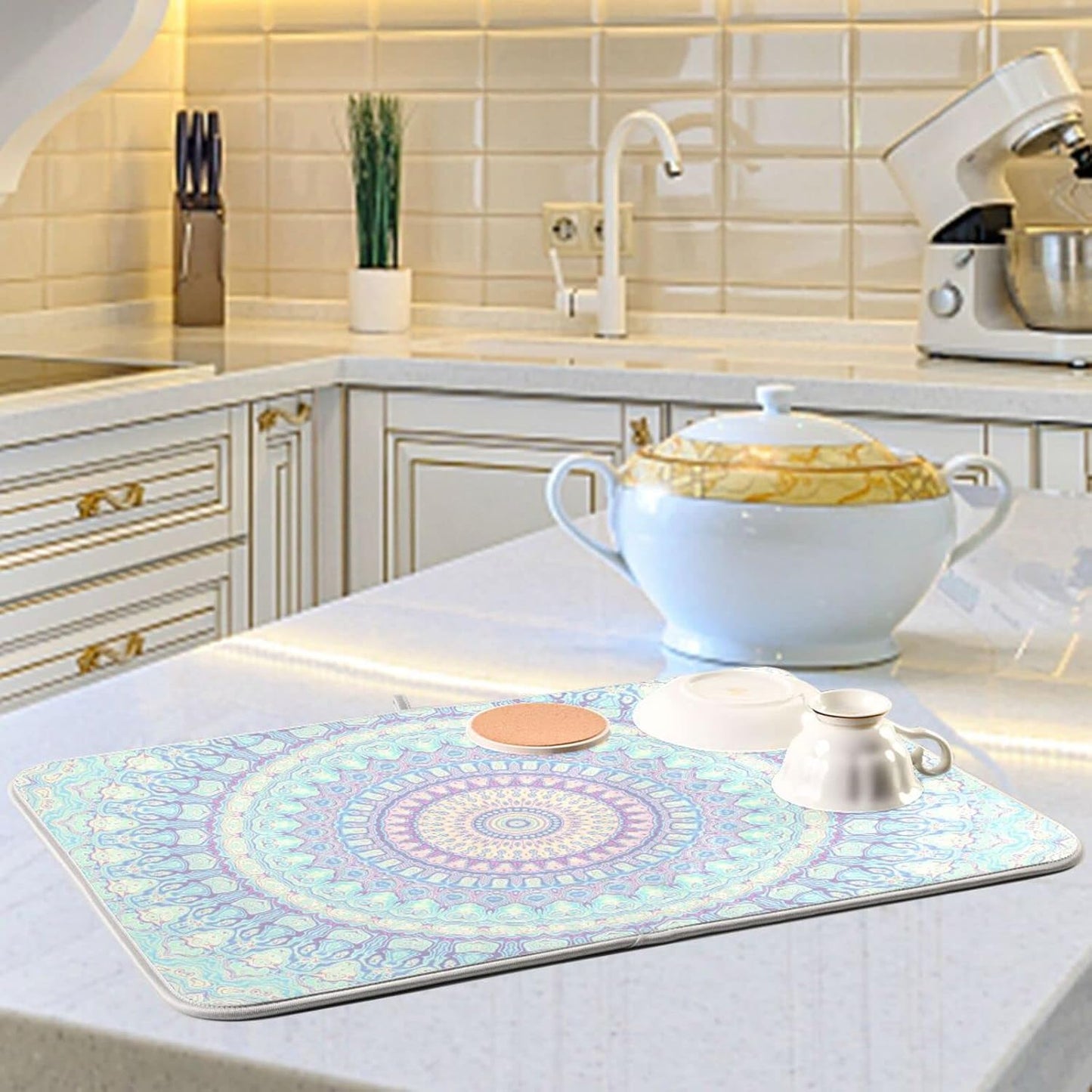 Mandala Bohemian Dish Drying Mat for Kitchen Counter Boho Ethnic Absorbent Microfiber Drying Pad, Medium 16x18 in, Reversible Drainer Mats
