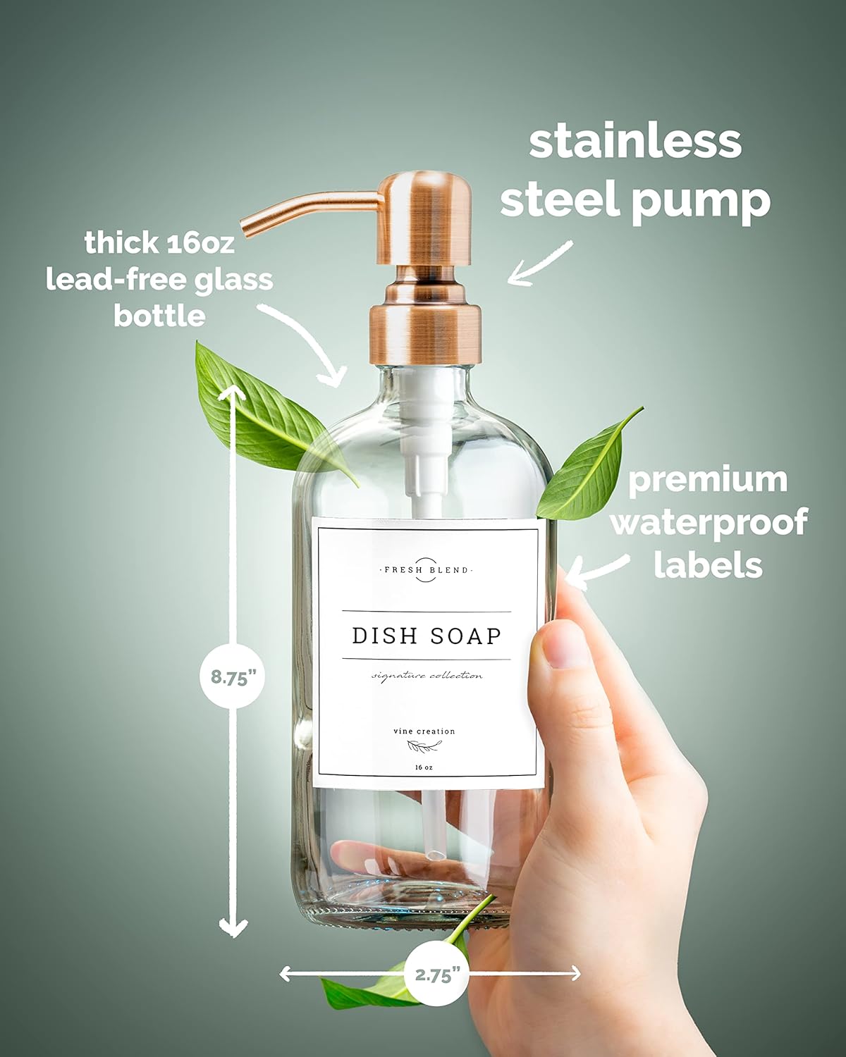 Vine Creations Clear Glass Soap Dispenser, 2 Pack Kitchen Soap Dispenser Set with Stainless Steel Pump, 16 oz Dish Soap and Hand Soap Dispensers for Bathroom with Waterproof Labels