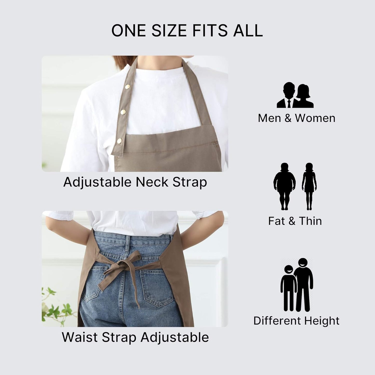 Aprons for Women Men BBQ Chef Cooking Artist Water Drop Resistant Canvas Adjustable Kitchen Apron with Pockets for Unisex Grill Baking Painting Art Stylist Dishwashing Comfortable Aprons (khaki)