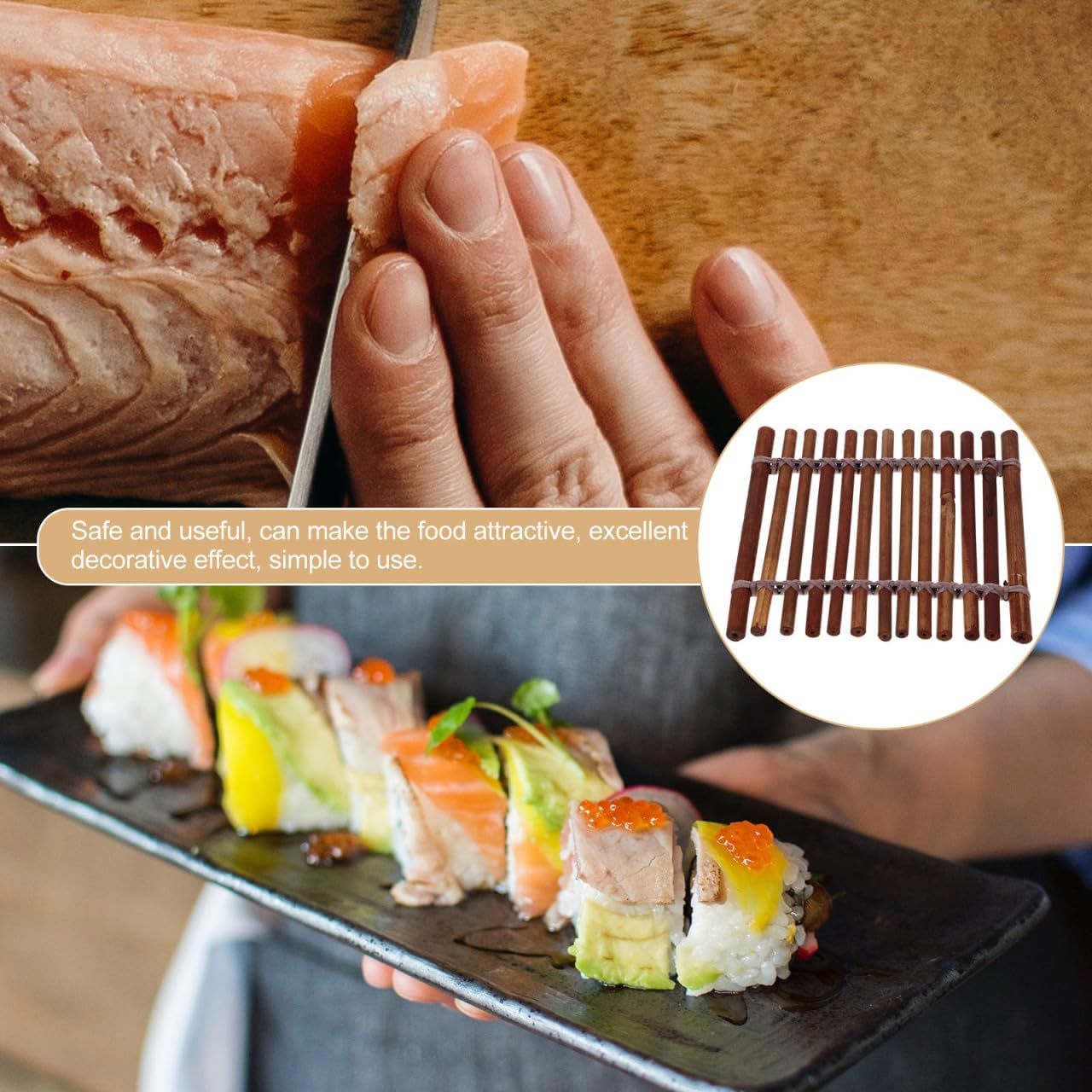 BESTOYARD 5.11-Inch Japanese Sashimi Bamboo Sheet- Decorative Platter Sushi Making Rolling Mats for Seafood Presentation Table Decor
