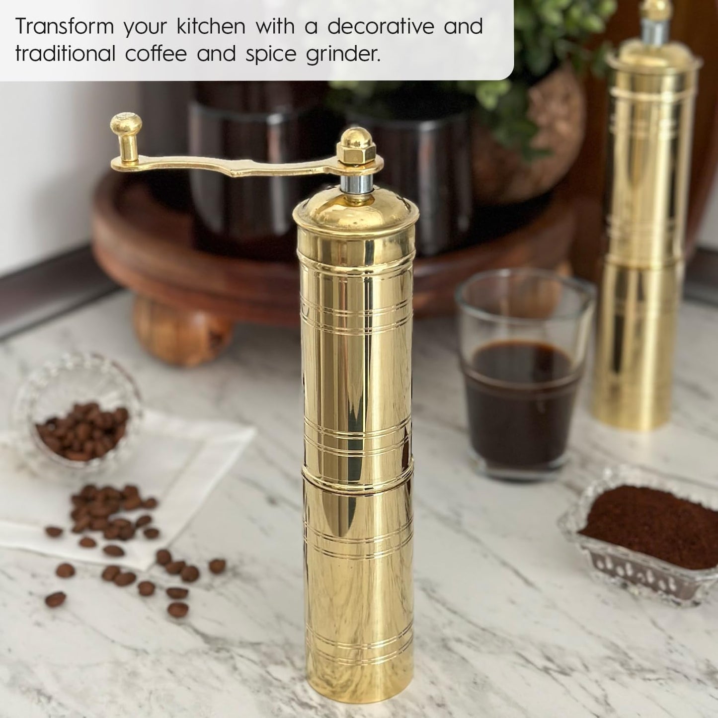 Decorative Handmade Turkish Black Pepper & Coffee Grinder, Refillable Turkish Spice Mill with Adjustable Coarseness, Manual Coffee Mill with Handle, Coffee Grinder Metal with Hand Crank