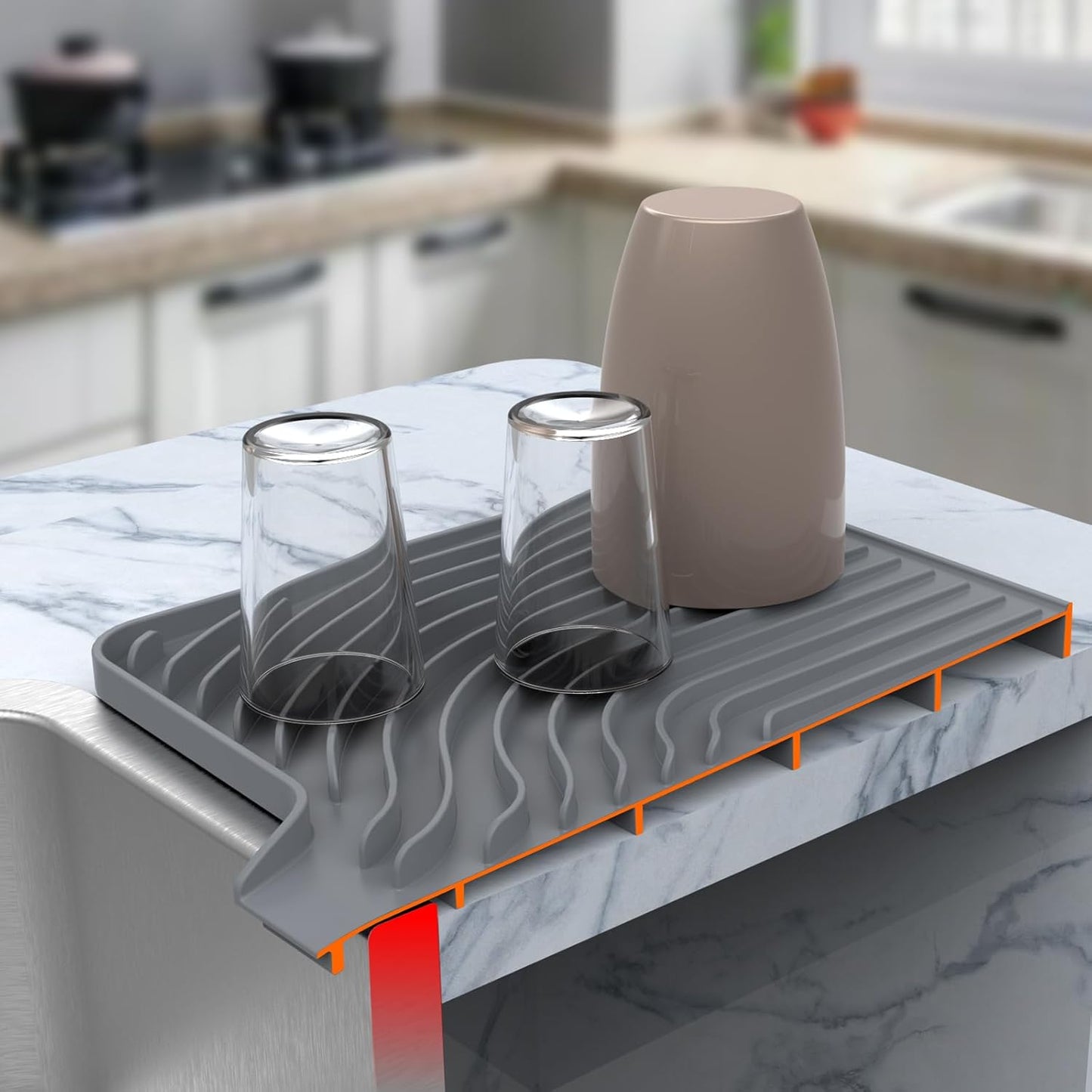 Kitchen Drying Mat, Raised Edge 18"×12"Silicone Dish Drying Mat with Drain Spout for Kitchen Counter, Kitchen Mat for Dishes Drying, (gray)