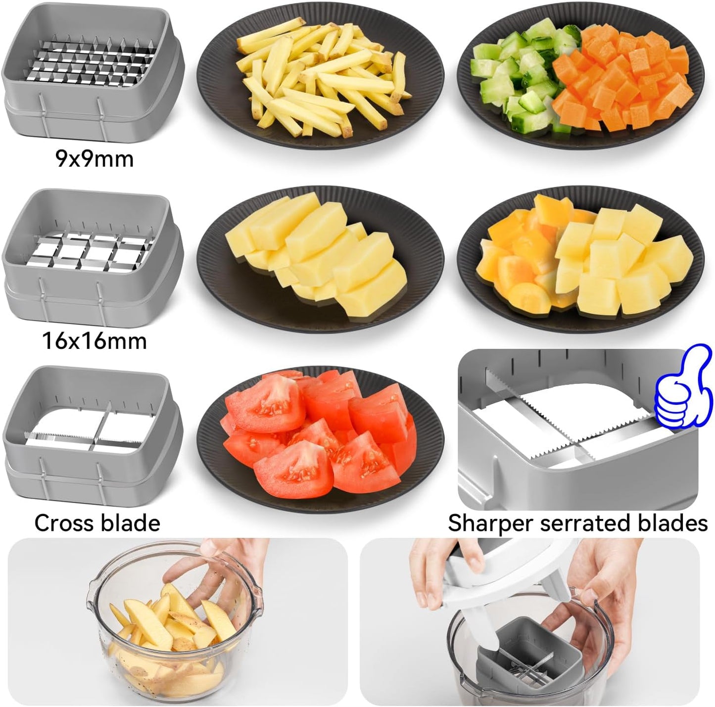 KEOUKE Multifunctional Vegetable Chopper Bowl White - 3 Interchangeable Blades Potato French Fry Cutter with Container & Storage Box Food Chopper Dicer for Cucumber, Tomato, Carrot, Onion