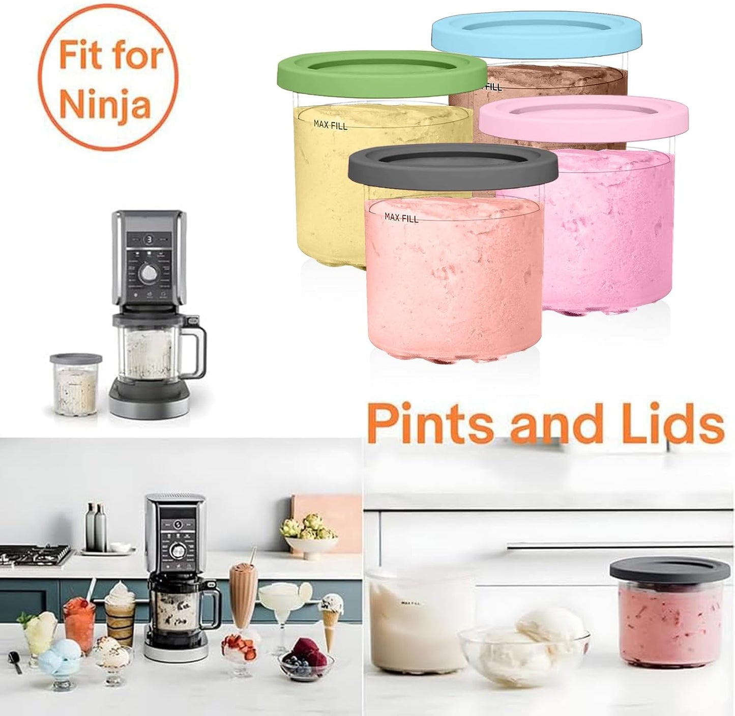 Containers Replacement for Ninja Creami Pints and Lids - 4 Pack, 16oz Cups Compatible with NC301 NC300 NC299AMZ Series Ice Cream Maker - Dishwasher Safe, Leak Proof Lids Pink/Mint/Grey/Blue