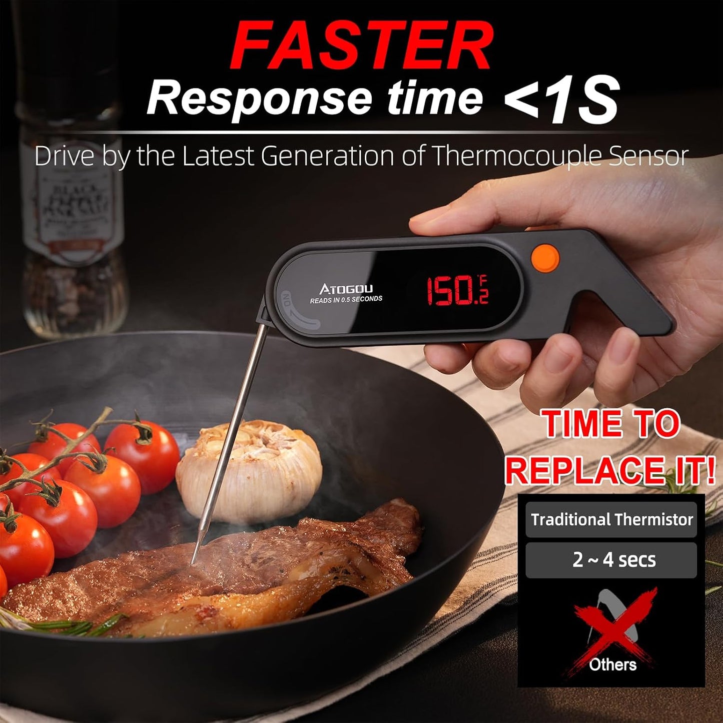 Meat Thermocouple Thermometer Digital, Ultra Fast Instant Read <1 Sec, ±0.5℉ Accuraty, IP67 Waterproof, LED Display, Auto Off, Digital Kitchen Thermometer for Meat/Candy/Grill/BBQ etc. TH-21(Black)