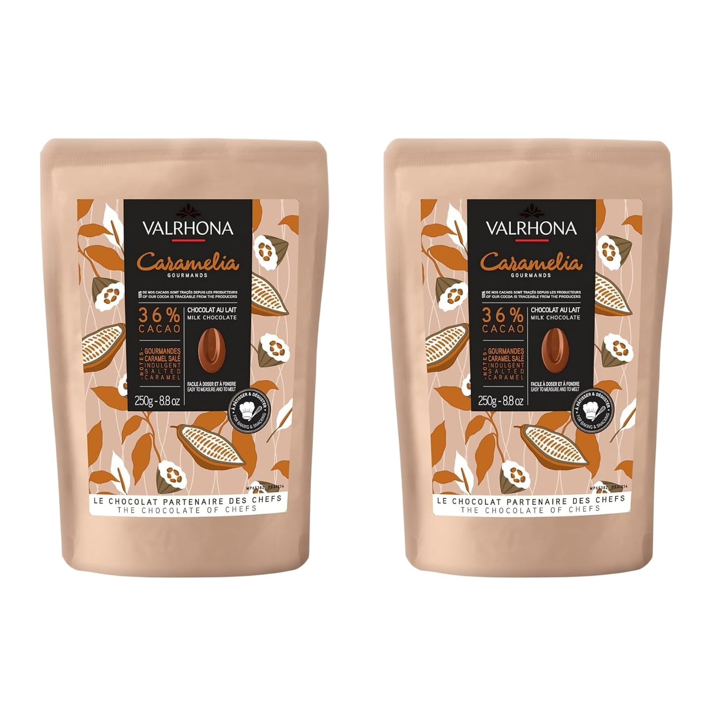 Valrhona Premium French Baking Milk Chocolate Discs (Feves). CARAMELIA 36% Cacao. Creamy, Caramel, Salted Butter Notes. Easy Melt-Tempering. Milky, Balanced. Luscious Frosting, Sauces 250g (Pack of 2)