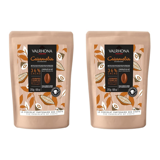 Valrhona Premium French Baking Milk Chocolate Discs (Feves). CARAMELIA 36% Cacao. Creamy, Caramel, Salted Butter Notes. Easy Melt-Tempering. Milky, Balanced. Luscious Frosting, Sauces 250g (Pack of 2)