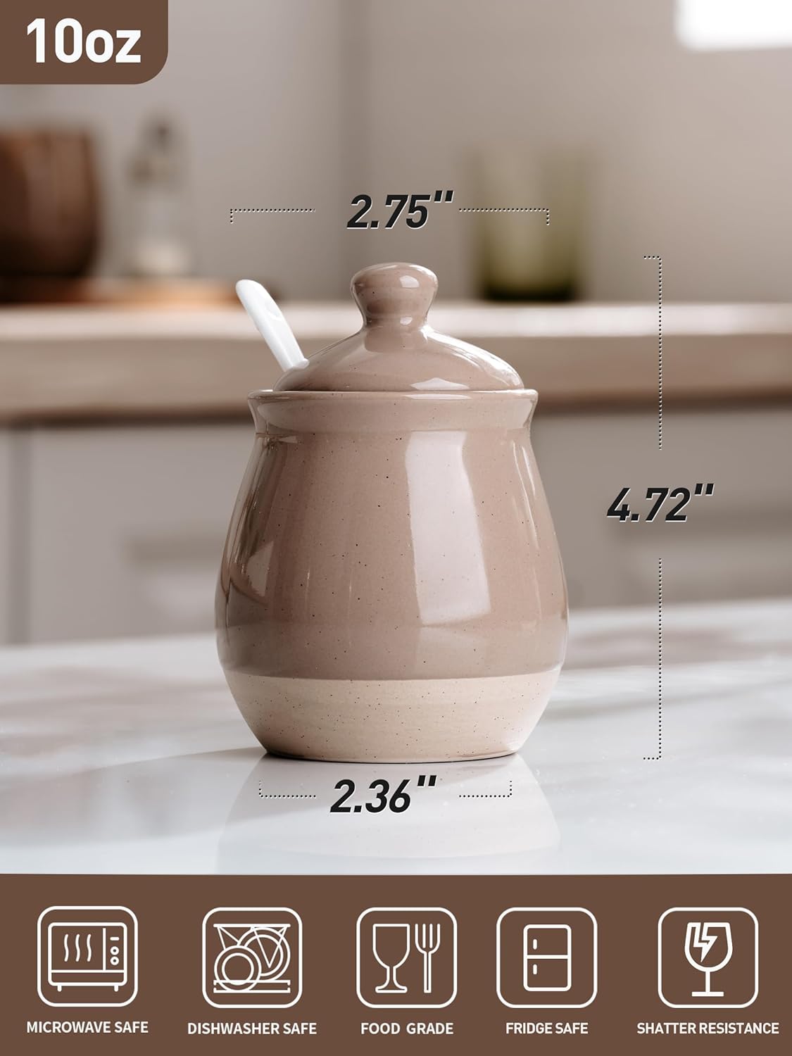 famiware Milkyway Sugar Bowl with Lid and Spoon, 10oz Ceramic Sugar Jar/Pot/Dispenser for Salt, Condiments, Spice, Seasonings, Sugar Container for Coffee Bar, Kitchen, and Countertop, Cinnamon Brown