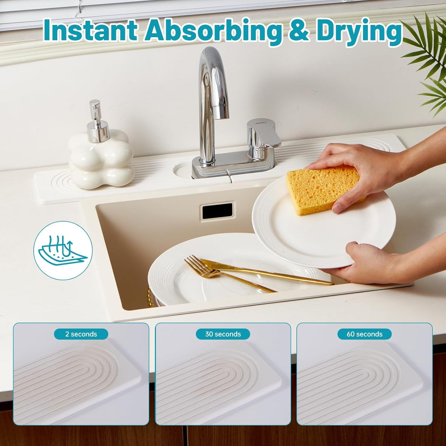 Stone Faucet Mat for Kitchen Sink with Oval Hole – 23.6" × 3.9" Diatomite Drying Stone Mat & Sink Protector, Quick-Dry Splash Guard Water-Absorbing Tray for Bathroom Counter（White.23.6" x 3.9"）