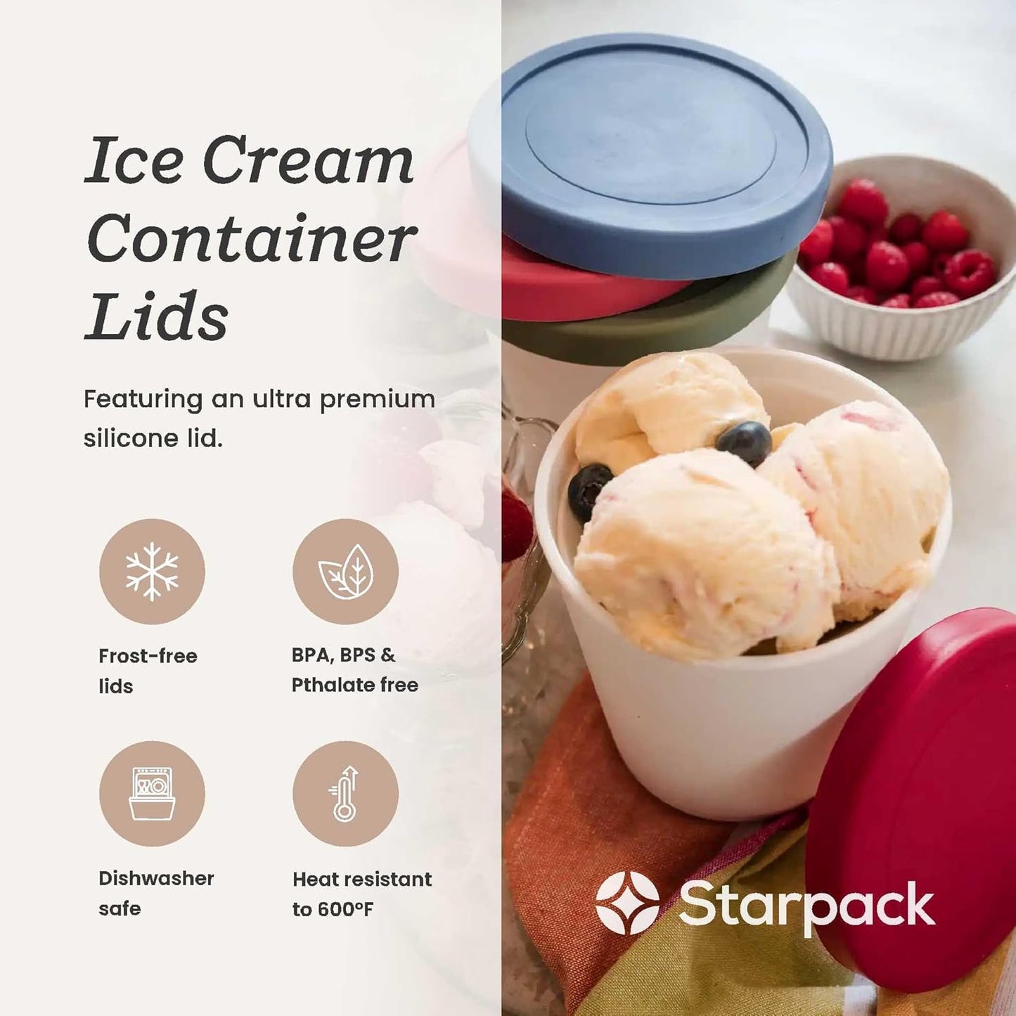 Starpack 'Freeze the Day' Leak-Free Lids for Ice Cream Storage Containers for Freezer (4 Pcs) - 1 Quart Ice Cream Containers for Homemade Ice Cream - Reusable Ice Cream Containers with Lids (Silicone)