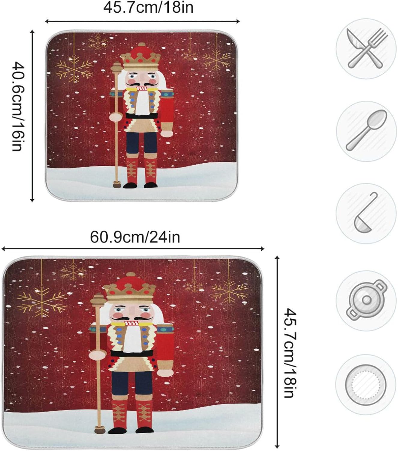 Nutcracker Christmas Dish Drying Mat for Kitchen Counter Absorbent Microfiber Drying Pad, Large 18x24 in, Reversible Drainer Mats