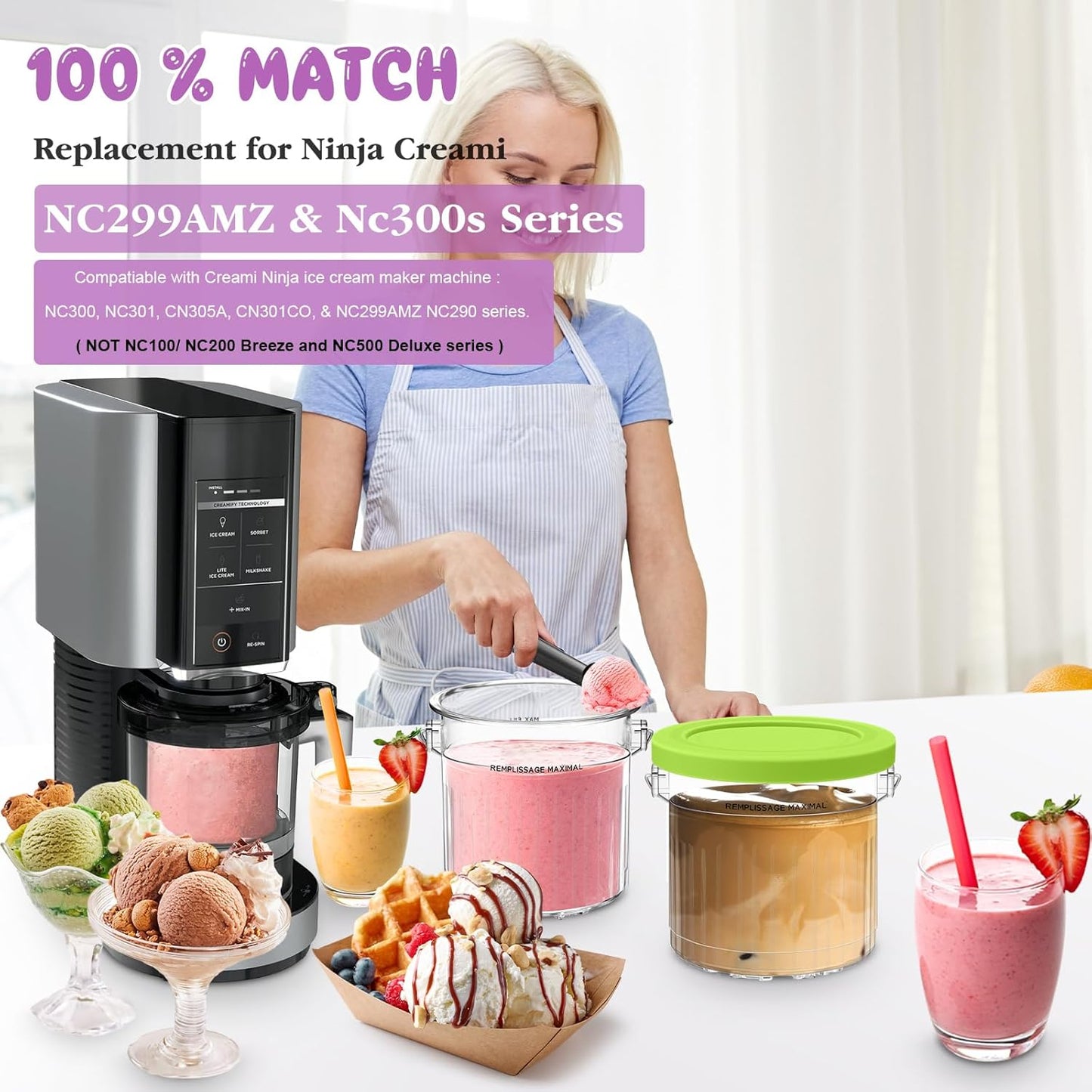 For Ninja Creami Pints and Lids 4 Pack 16oz,Compatible with Ninia 7-in-1 NC299AMZ & NC300s Series Creamy lce Cream Maker,BPA-Free&Dishwasher Safe