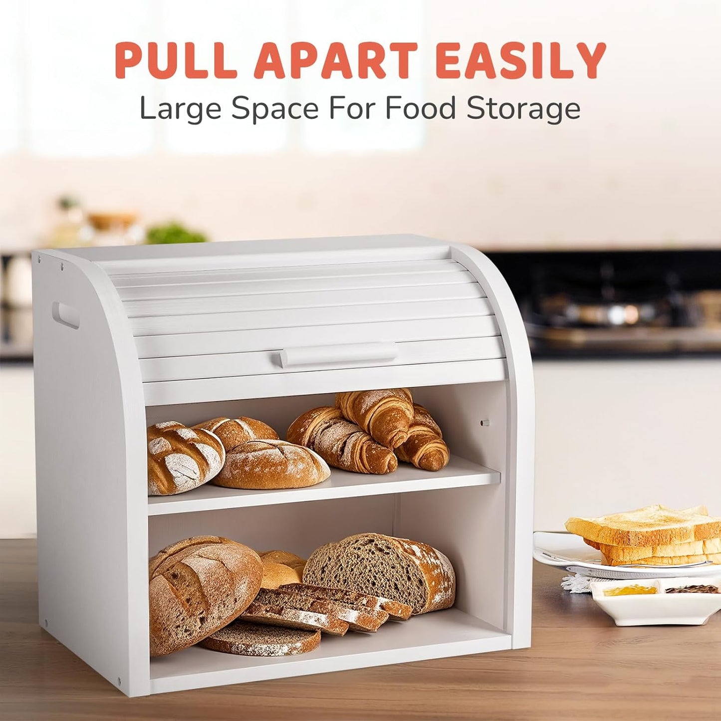 G.a HOMEFAVOR Bread Box: Large 2-Tier Bamboo Roll Top Bread Storage Container for Kitchen Counter, Bread Holder Food Bin for Countertop, Self-Assembly, White