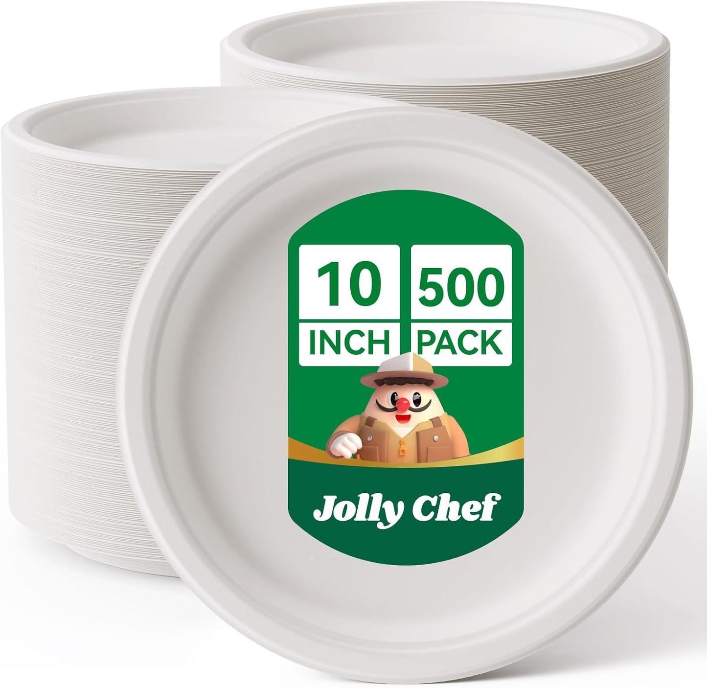 JOLLY CHEF Compostable Heavy Duty Plates 𝟭𝟬 𝗜𝗻𝗰𝗵 [𝟱𝟬𝟬 𝗣𝗮𝗰𝗸] Eco-Friendly Disposable White Paper Plates Made of Bagasse Biodegradable Bulk for Party Dinner Sugarcane Fibers Round 500 Count