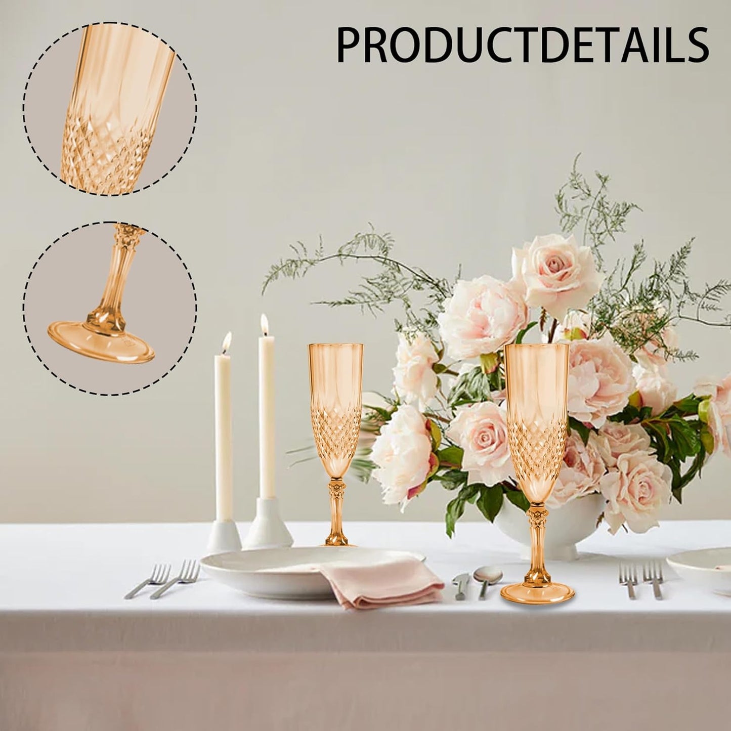 Plastic Champagne Flutes, 24PCS Gold Plastic Wine Glasses Goblets Reusable Champagne Flute for Weddings, Bachelor Parties, Toasting, and Events(24, Gold)