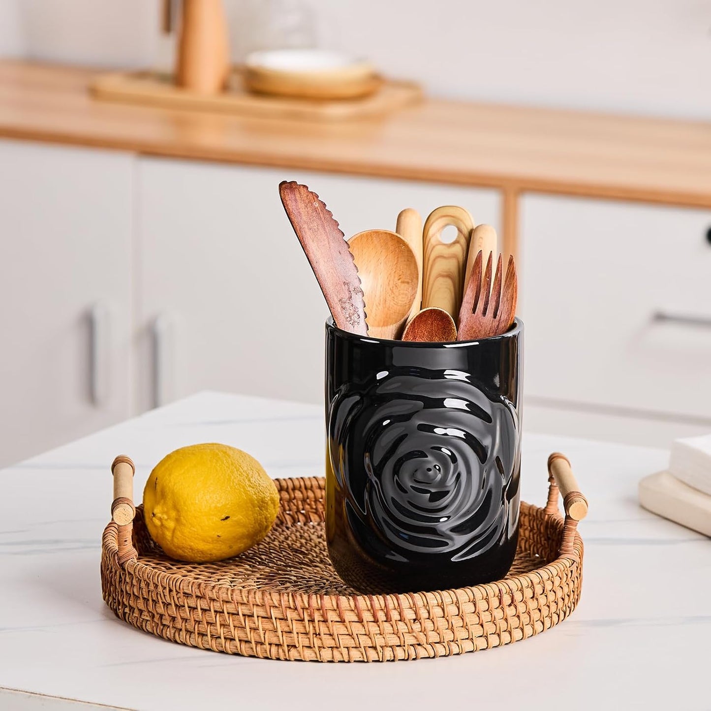 Black Ceramic Utensil Holder Set of 2 - Rose Carved Design, Kitchen Countertop Utensil Organizer for Spatula, Spoon & Cooking Tools, Large (7.5") & Small (5.5"), Farmhouse Kitchen Counter Decor