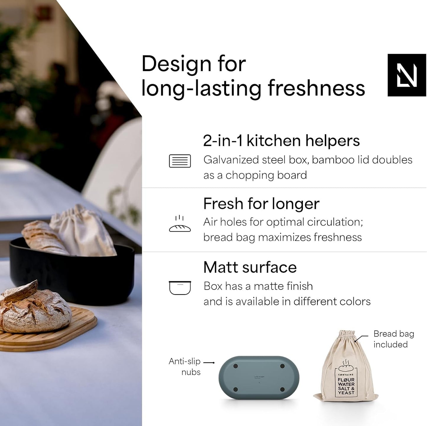 LARS NYSØM Bread Box I Metal Box with linen bag for long lasting freshness I Bread Bin with bamboo lid usable as cutting board I 14.2x7.5x5.1 In (Stone Blue)