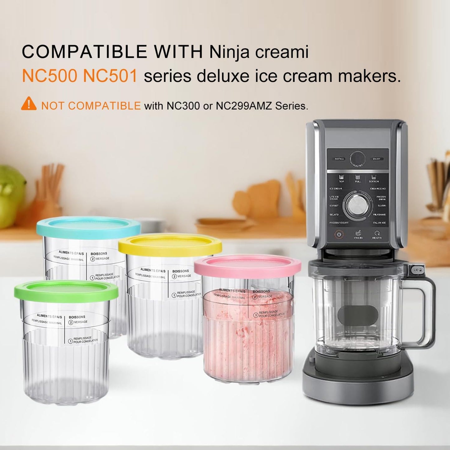 Diteje 4 Pack Replacement Creami Pints with Lids and Spoons,Creamy Ice Cream Containers 24oz Compatible with Ninja Creami NC500 NC501 Series Deluxe Makers