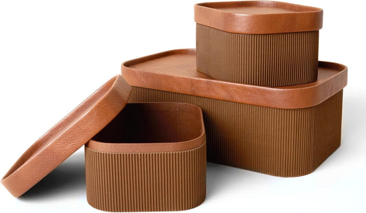 LA JOLIE MUSE Fluted Cardboard Storage Baskets with Leather-Like Lids, Sturdy Stackable Paper Boxes Decorative Tray, Chocolate Brown, Set of 3