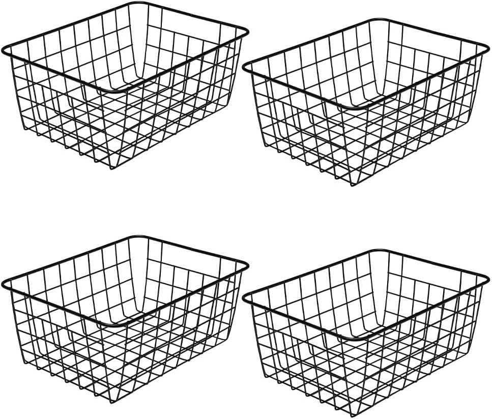 LeleCAT Wire Baskets with Handles, Wire Storage Organizer Baskets, Household Refrigerator for Cabinets, Pantry, Closets, Bedrooms - Set of 4（Black)