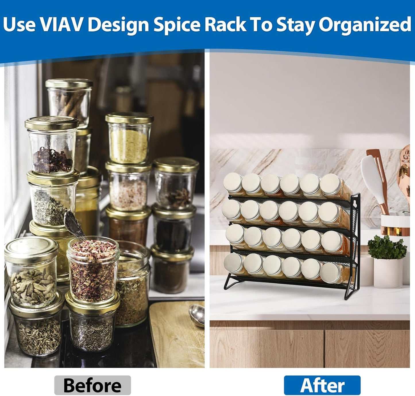 2PCS 4Tier Spice Rack for Counter Free Standing,Spice Rack for Inside Cupboard Hanging Wall Mounted Spice Seasoning Organiser Spice Jars Bottle Organizer for Kitchen Pantry（Black）