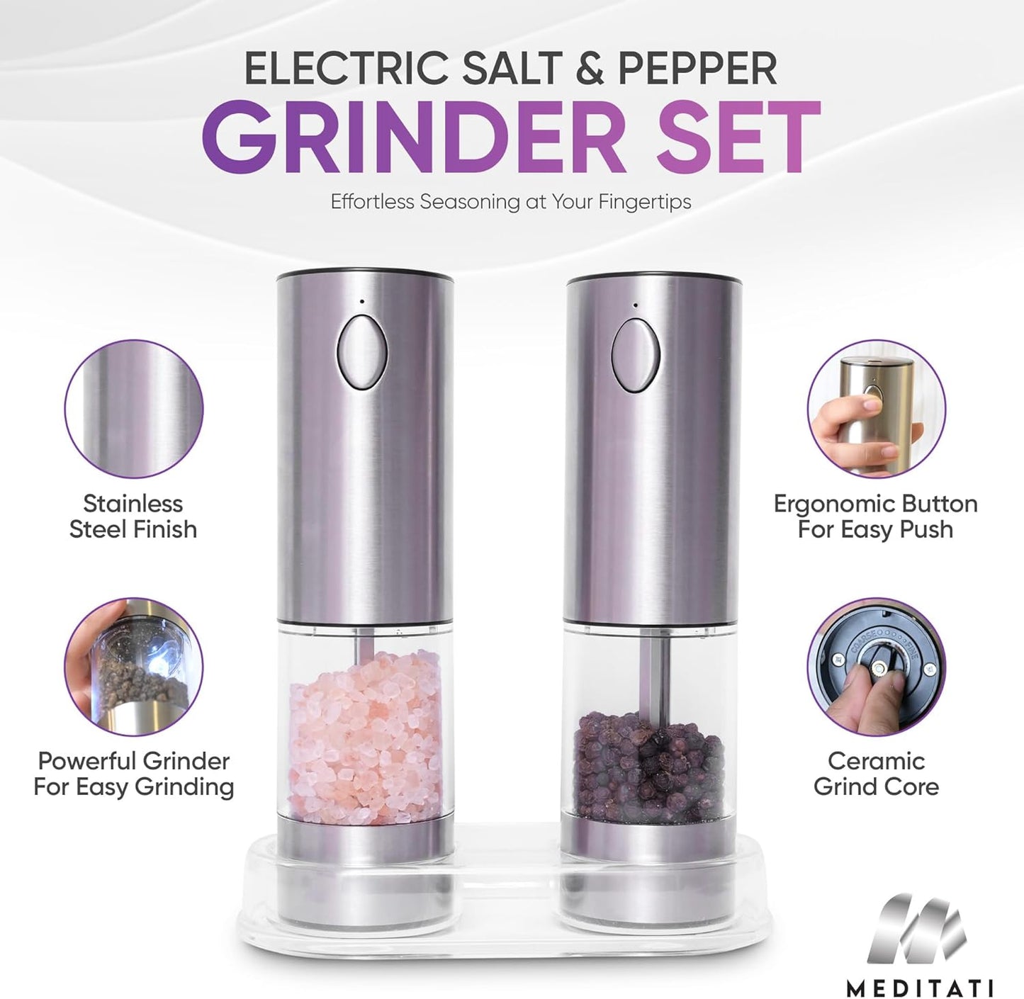 Electric Salt and Pepper Grinder Set-Rechargeable USB Large Capacity Stainless Steel Mills with Ceramic Core, LED Light, Adjustable Coarseness, One-Handed Operation -Set of 2