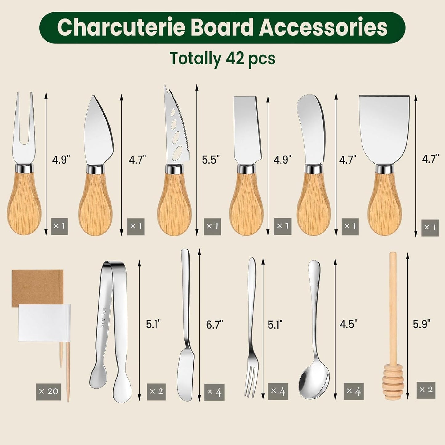 42 pcs Charcuterie Boards Accessories Cheese Knife Set with Wooden Handle, Charcuterie Utensils Gift with Butter Spreader, Forks, Spoons, Tongs, Honey Dipper and Tags for Party, Wedding
