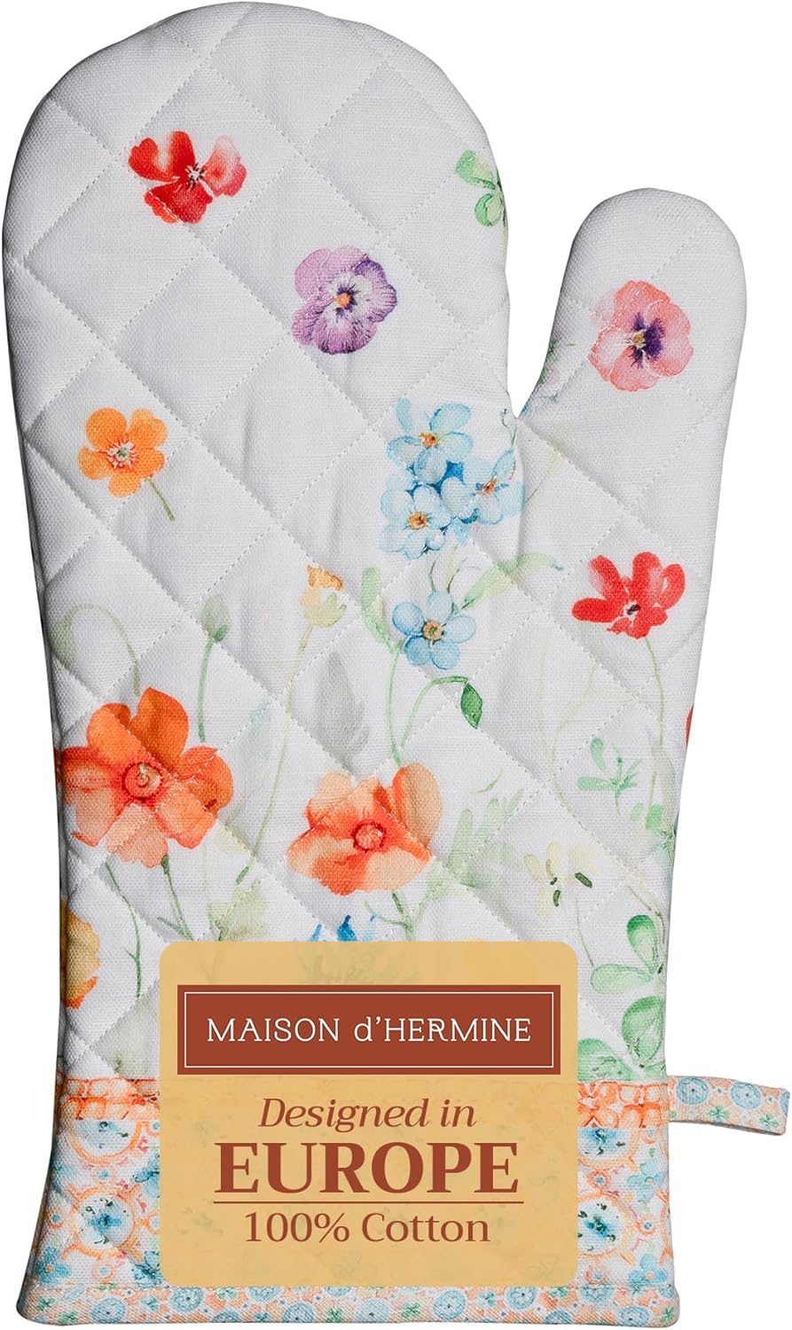 Maison d' Hermine Oven Gloves 100% Cotton Oven Mitt 7" x 13" with Loop Heat Resistant, BBQ, Cooking Gloves, Baking, Grilling, Kitchen, Handling Hot Pans Spring/Summer (Pack of 1, Summer Whisper)