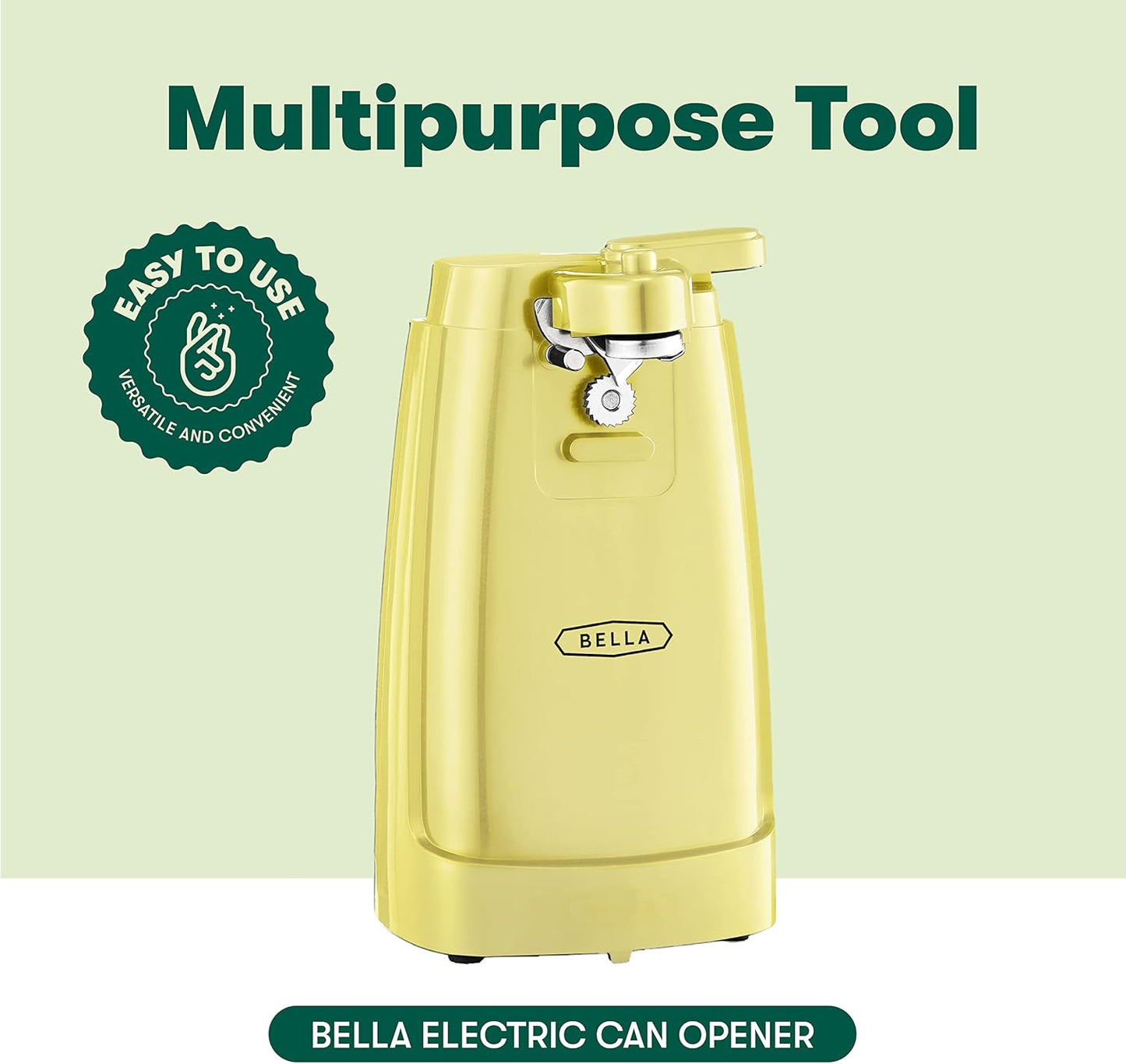 BELLA Electric Can Opener and Knife Sharpener, Multifunctional Jar and Bottle Opener with Removable Cutting Lever and Cord Storage, Stainless Steel Blade, Yellow