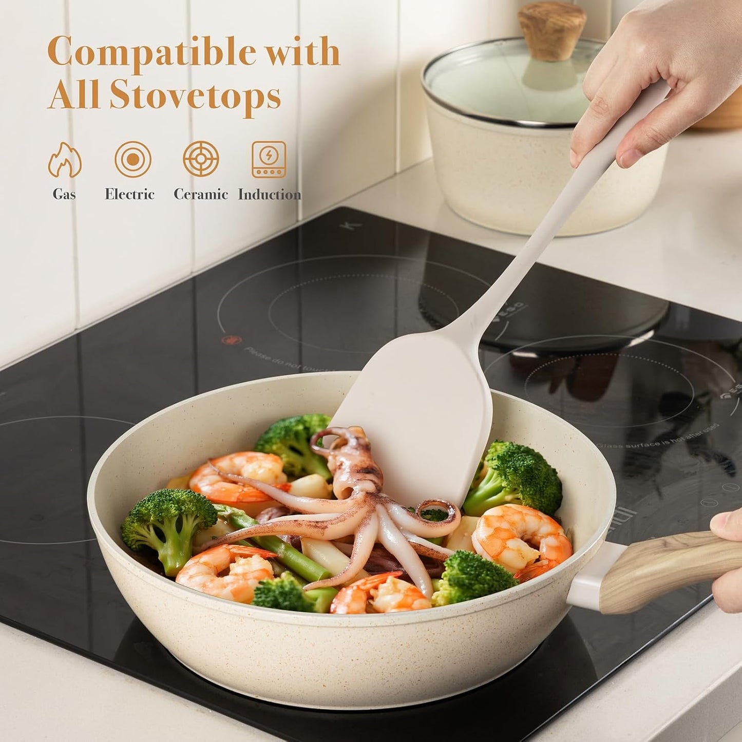 PekGema 14 Pcs Ceramic Cookware Sets, Pots and Pans Set Nonstick, Non Toxic Healthy Non stick Kitchen Cooking Set, Induction Cookware with Frying Pan Set, PFAS PTFE PFOA FREE, White