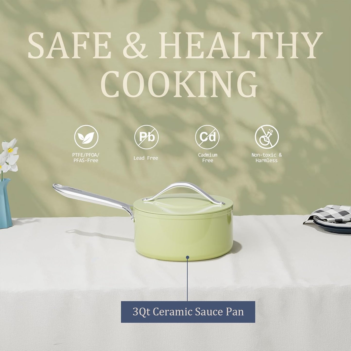 3.5qt Nonstick Ceramic Sauce Pan with Lid (8.19") Even Heat Distribution Non Toxic PFAS Free Healthy Cooking Pot for All Stovetops (Induction/Gas/Electric) Oven Safe 500°F, Avocado Green