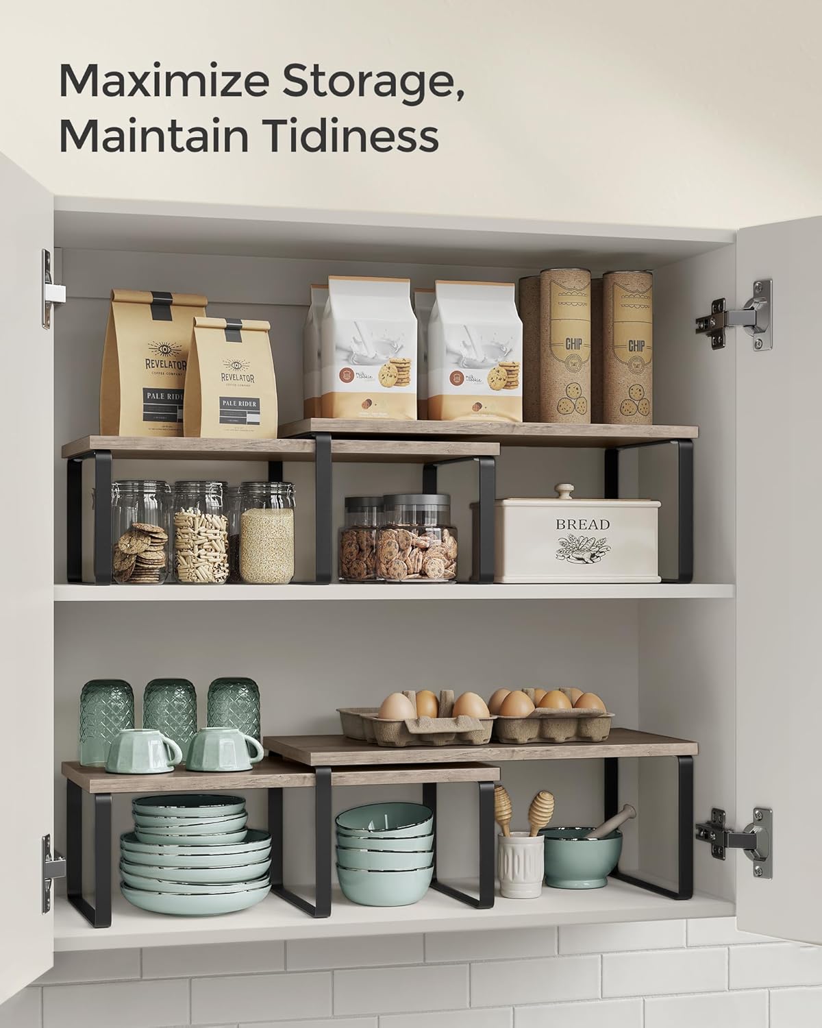 SONGMICS Cabinet Organizer Shelf, Set of 2 Kitchen Counter Shelves, Kitchen Storage, Spice Rack, Stackable, Expandable, Metal and Engineered Wood, Ink Black and Heather Greige UKCS200X02