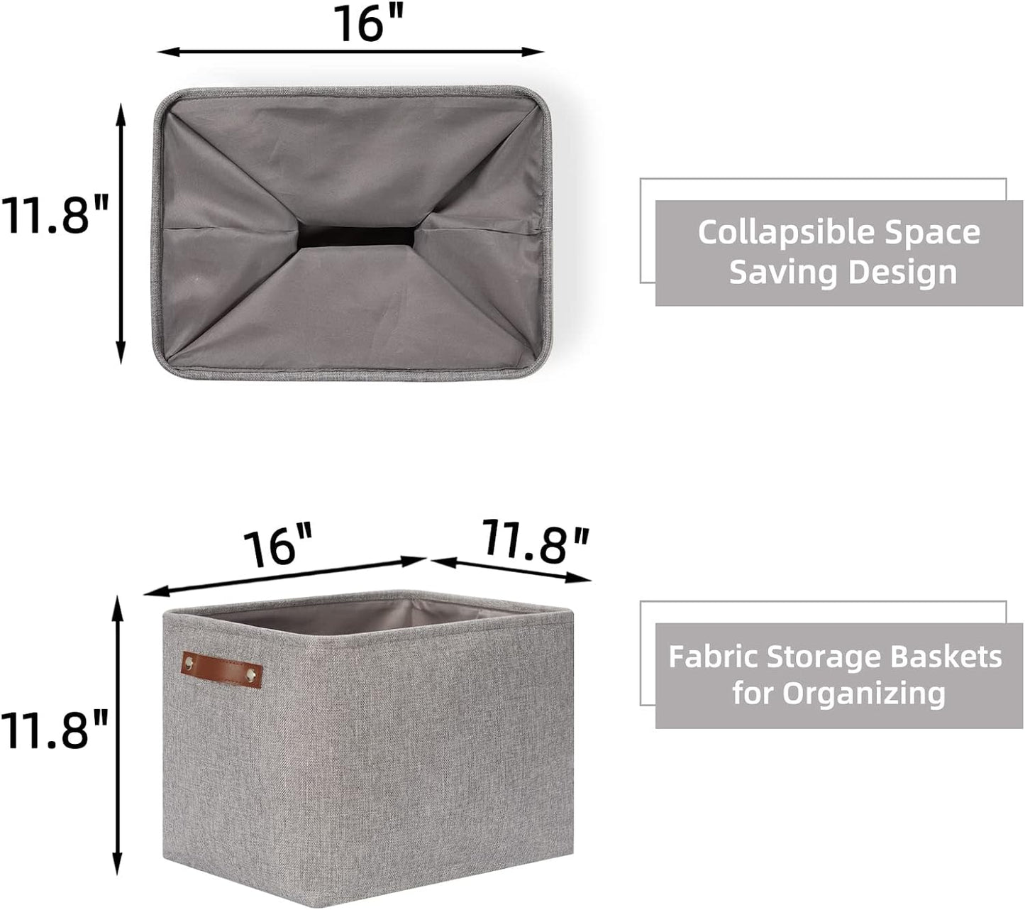 HNZIGE Large Rectangle Storage Baskets for Shelves 16"×11.8"×11.8" Fabric Storage Bins with Handles (2 Pack) Decorative Storage Baskets for Organizing Clothes, Toy, Quilts, Sundries Closet(Gray)
