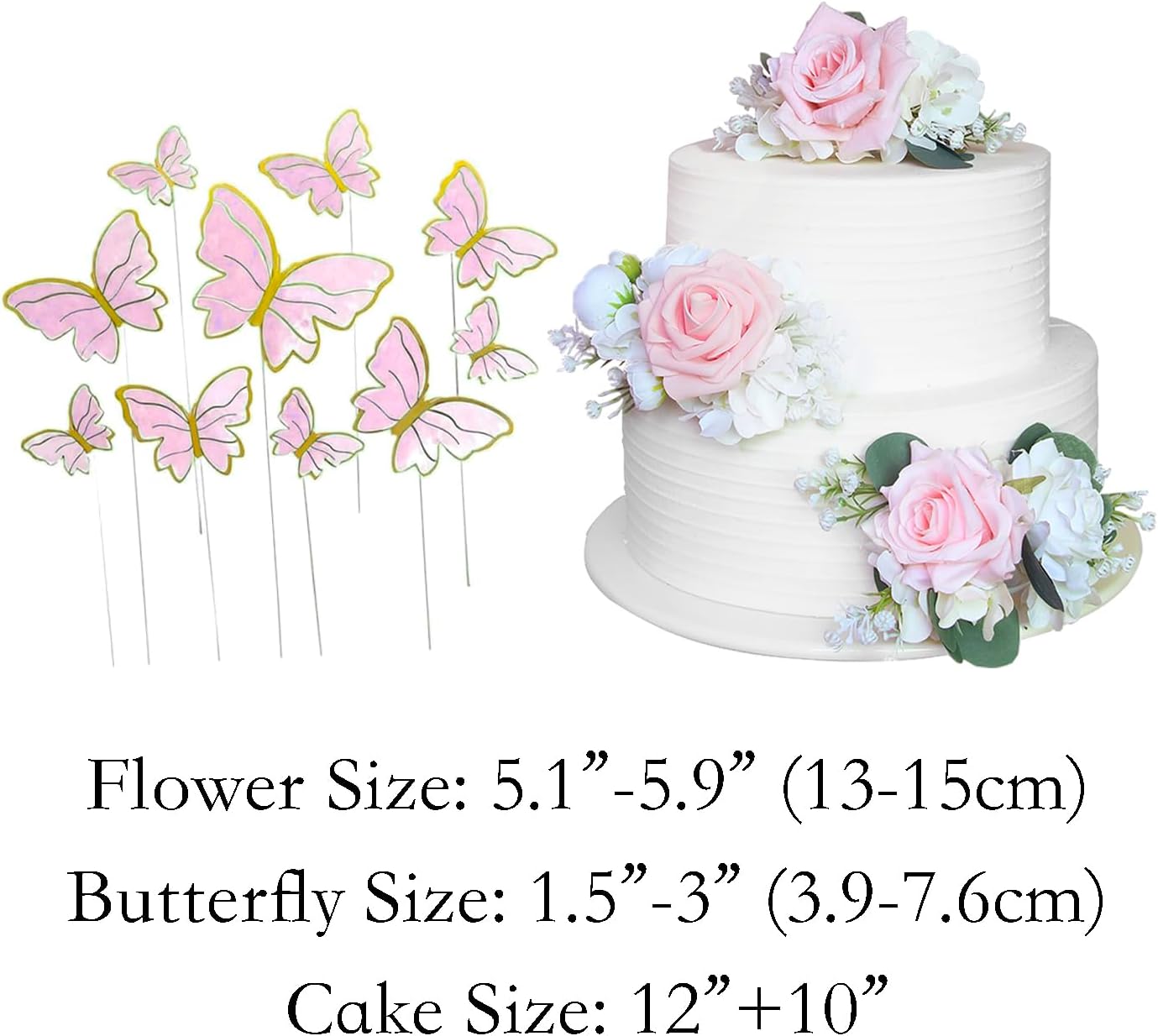 Rinlong 3Pcs Pre-made Blush Pink Cake Flowers Decorations Flower Cake Topper Butterfly Cake Decorating Flowers for Wedding Sweet 16 Birthday Girl