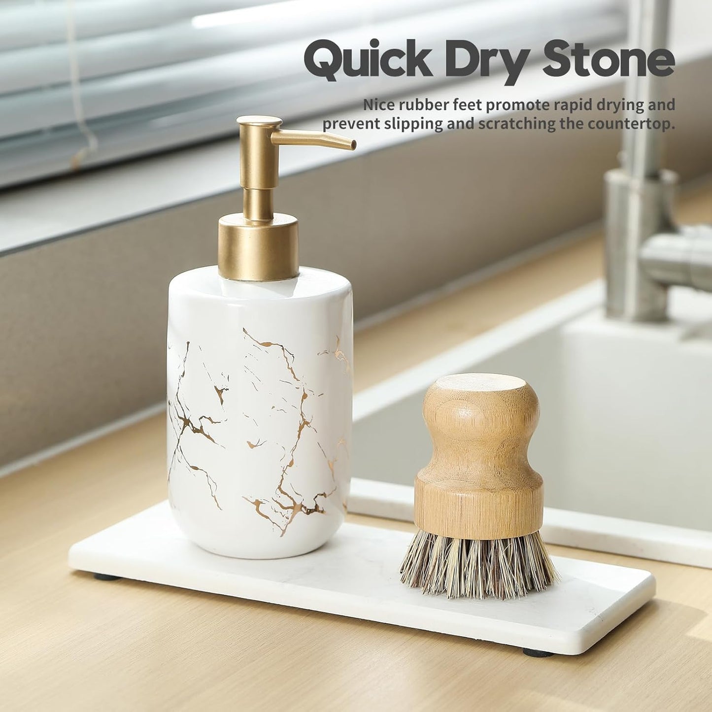 2PCS Diatomite Marble Tray Quick Drying Mat for Kitchen Counter, Water Absorbing Stone Vanity Caddy for Bathroom Sink,Faucet Splash Guard,Soap Dispenser Rack Sponge Holder Organizer, White, 9"x3.5"