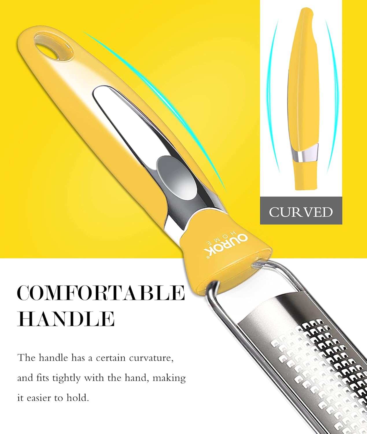 Ourokhome Kitchen Lemon Zester, Stainless Steel Hand Held Parmesan Cheese Grater for Ginger, Chocolate, Coconut, Lime, Nutmeg, Citrus, Fruit, Vegetable with Cleaning Brush, Dishwasher safe, Yellow
