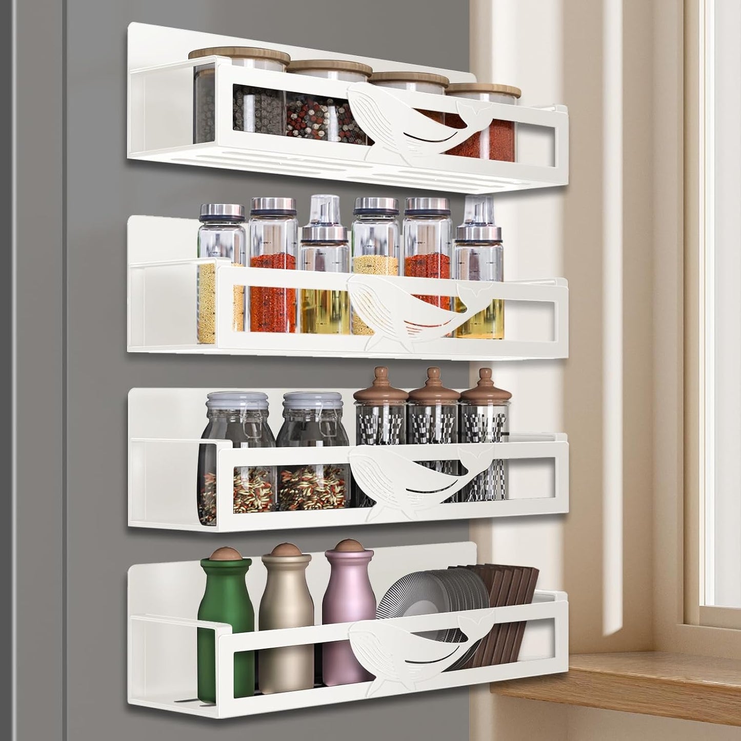 Magnetic Spice Rack for Refrigerator, 4-Pack Metal Seasoning Organizer for Kitchen Storage Organization, Space Saving Magnetic Shelf for Fridge, Pantry, Laundry Room, White