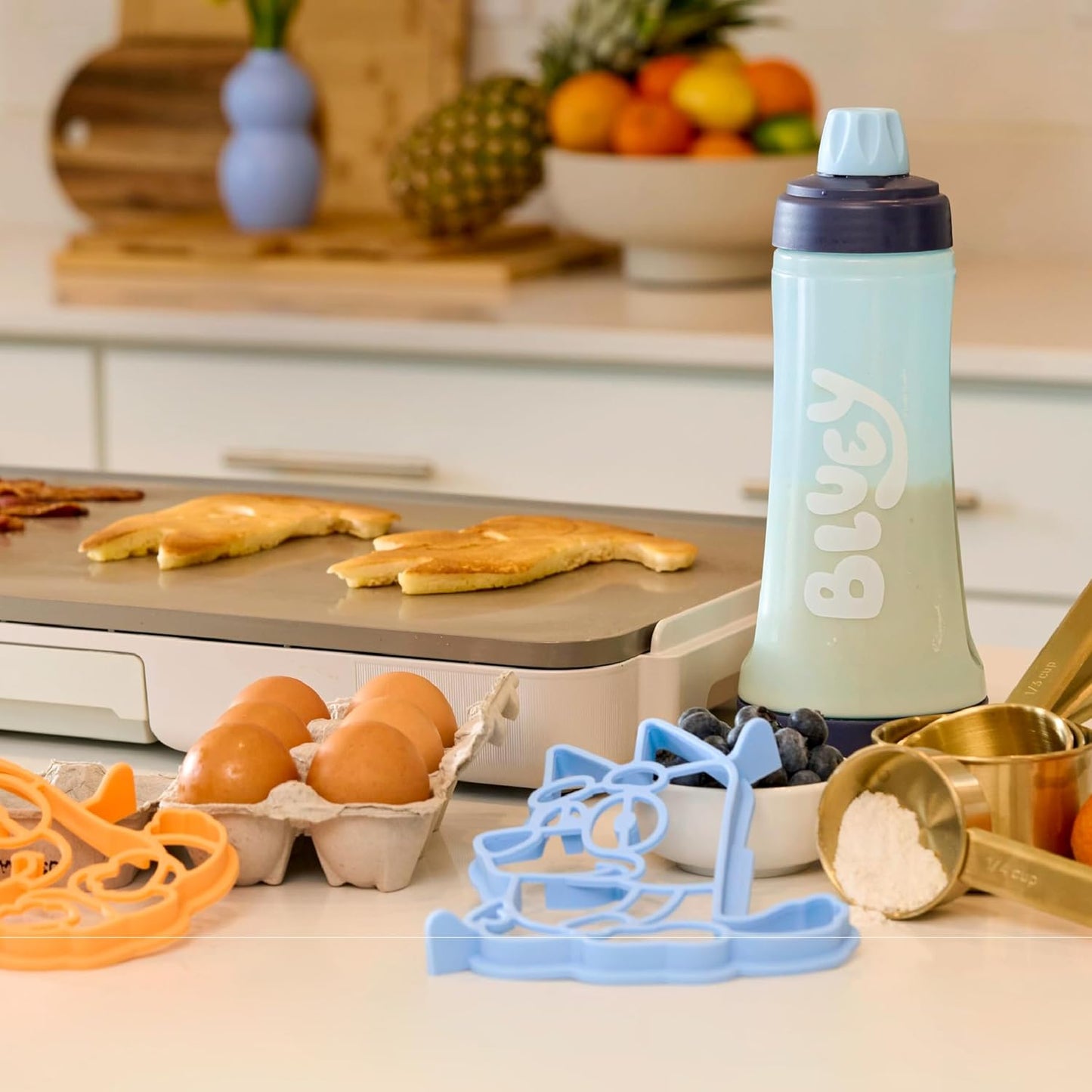 Whiskware Bluey Pancake Art Kit, 1 Batter Bottle, 2 Silicone Bluey and Bingo Pancake Molds, and 1 BlenderBall Wire Whisk, Durable, No-Mess Breakfast, BPA Free, Dishwasher Safe