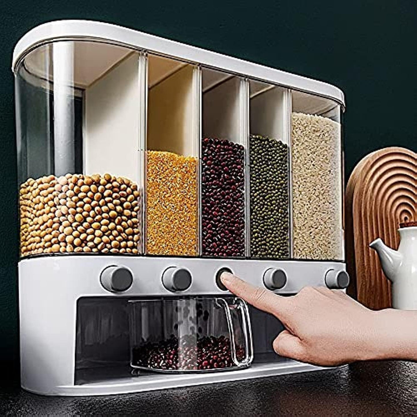 Dry Food Dispenser,Wall mounted 5 Grid Cereal Dispenser,Rice dispenser 25 pounds Kitchen Storage with Measuring Cup
