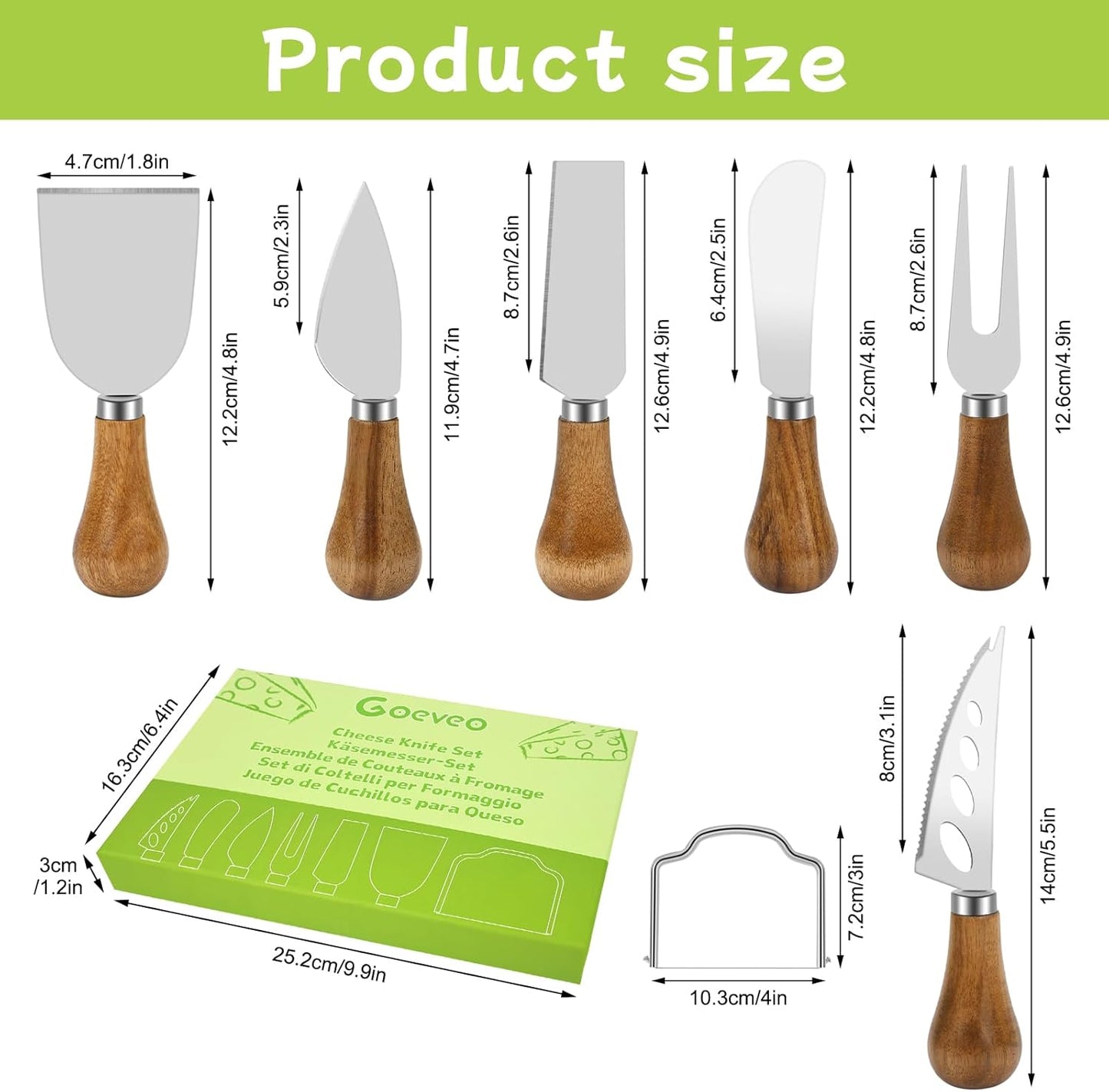 7-Piece Cheese Knife Set, Premium Stainless Steel Cheese Knives with Acacia Wood Handle and Cheese Slicer, Cheese Spreading Knife for Charcuterie Boards and Cutlery Gift Set