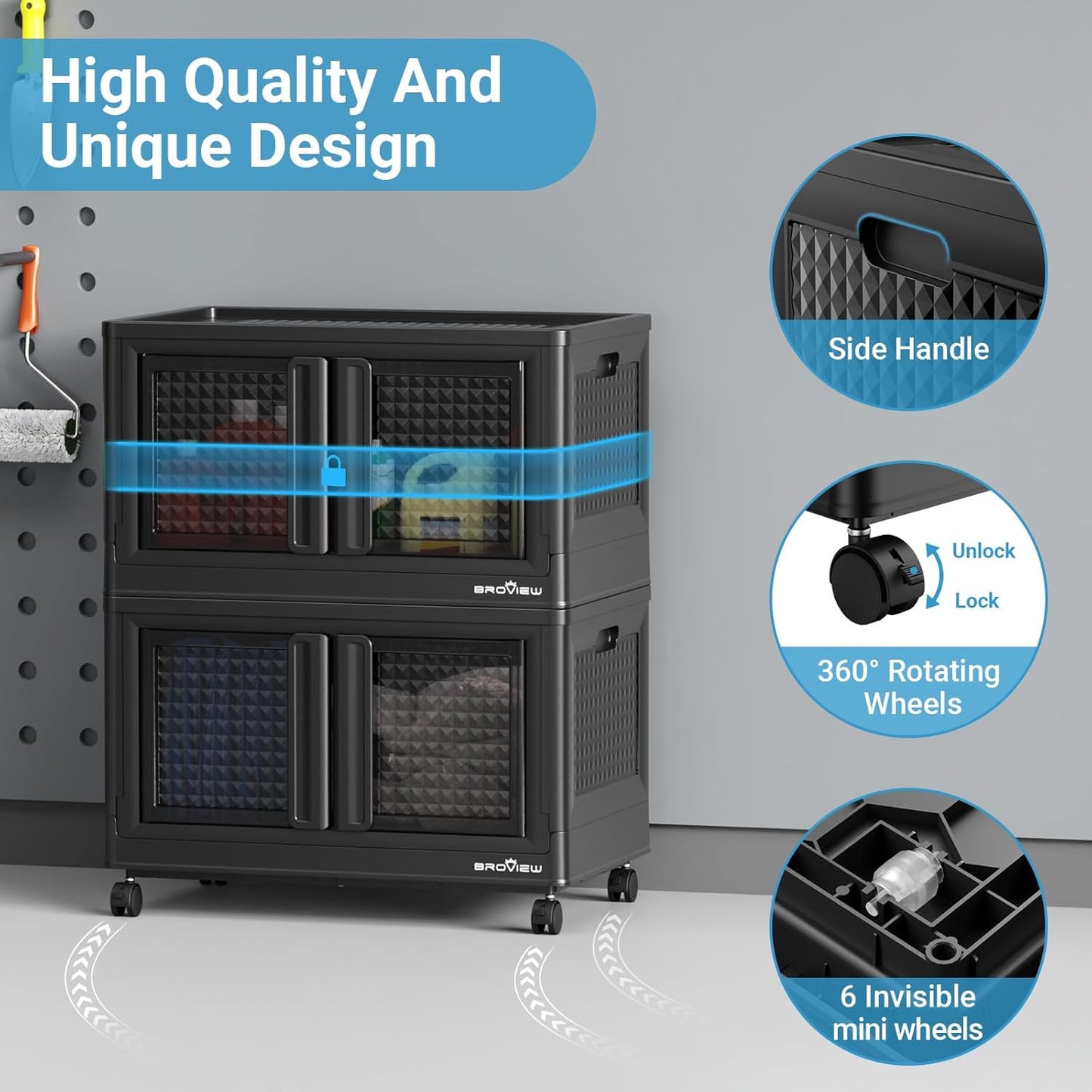 300Qt Stackable Storage Bins with Lids, 75Gal Closet Organizers and Storage Drawer, Plastic Collapsible Storage Bins with Doors, Heavy Duty Store Box Cabinet for Home Office, 3Pack Black