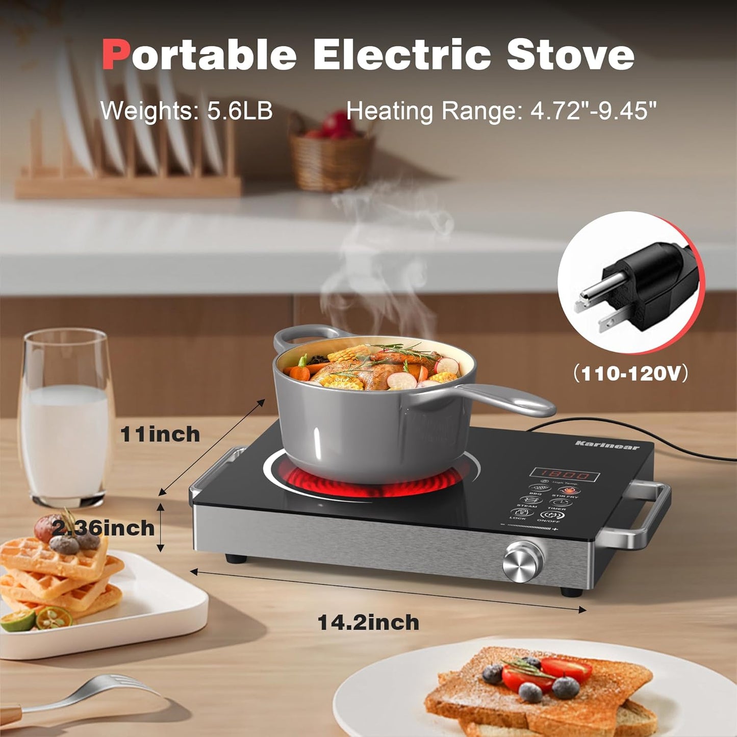 Karinear Portable Electric Stove 110V, 1800W Electric Hot Plate with Handle, Knob Control Single Burner Electri Cooktop, Ceramic Infrared Countertop Burner, Timer, Safety Lock